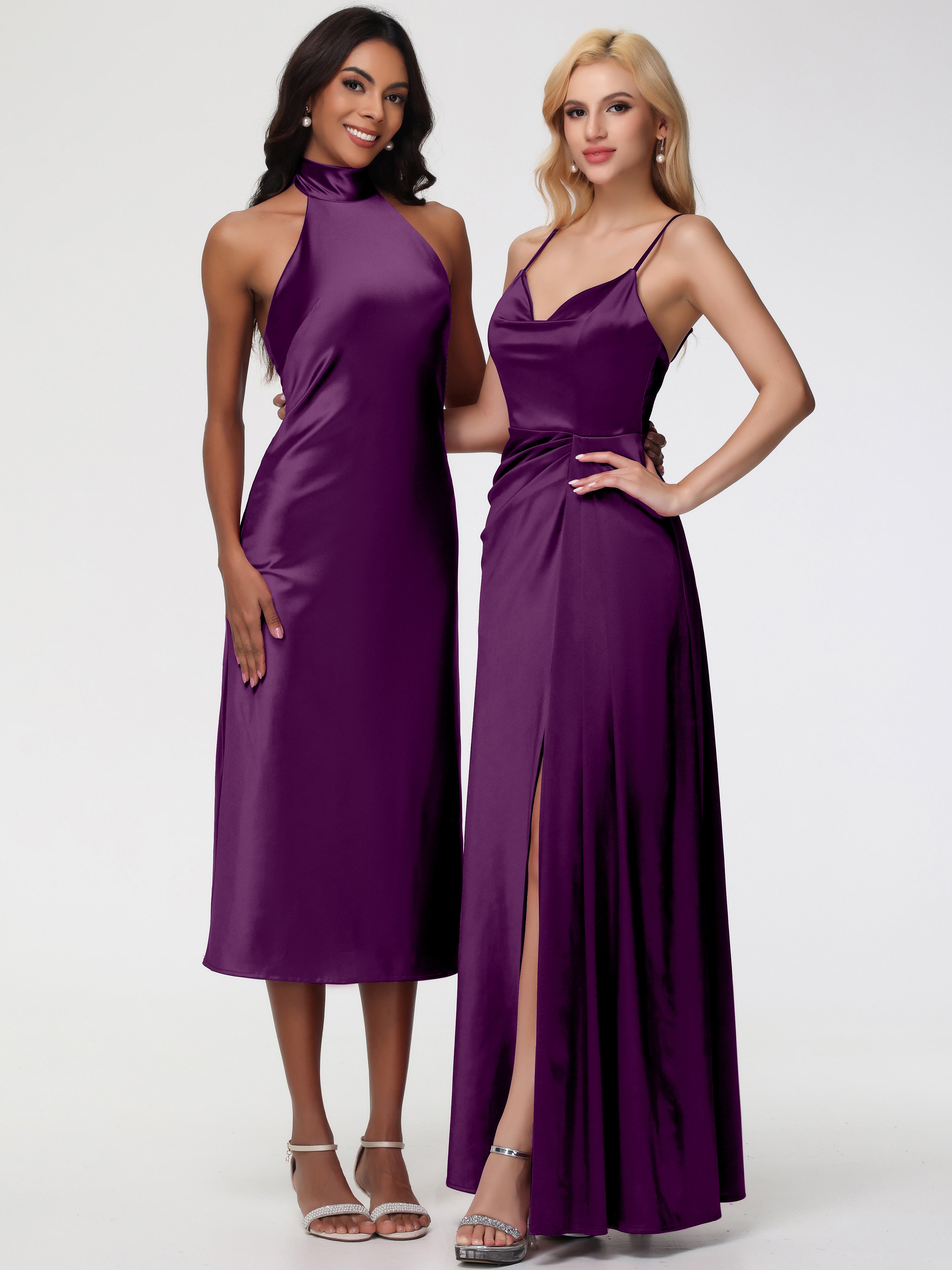 Robes De Demoiselle D'Honneur En Raisin Licou Satin Extensible Robe Trapèze Demoiselle D'Honneur Mi Longue