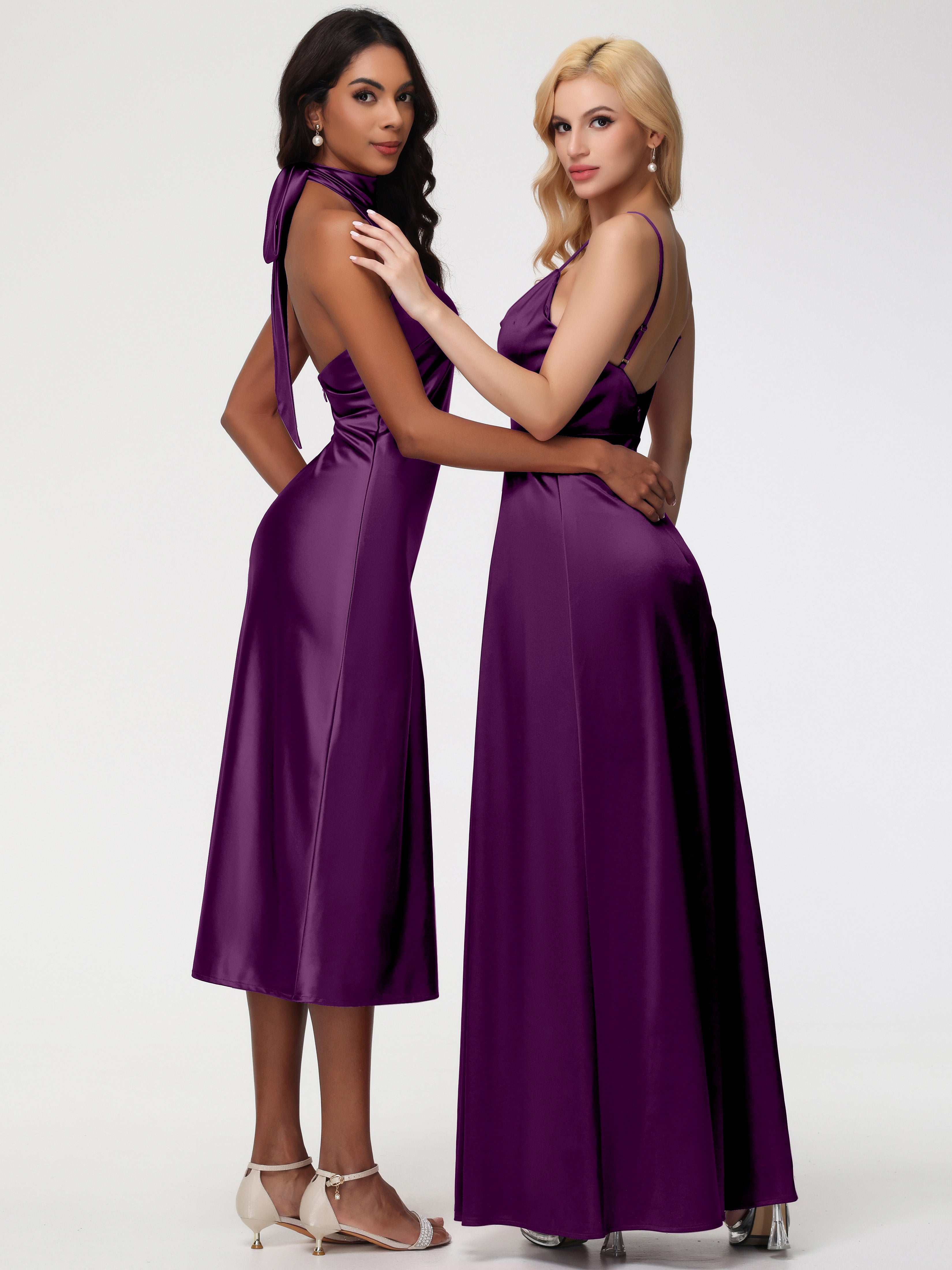 Robes De Demoiselle D'Honneur En Raisin Licou Satin Extensible Robe Trapèze Demoiselle D'Honneur Mi Longue