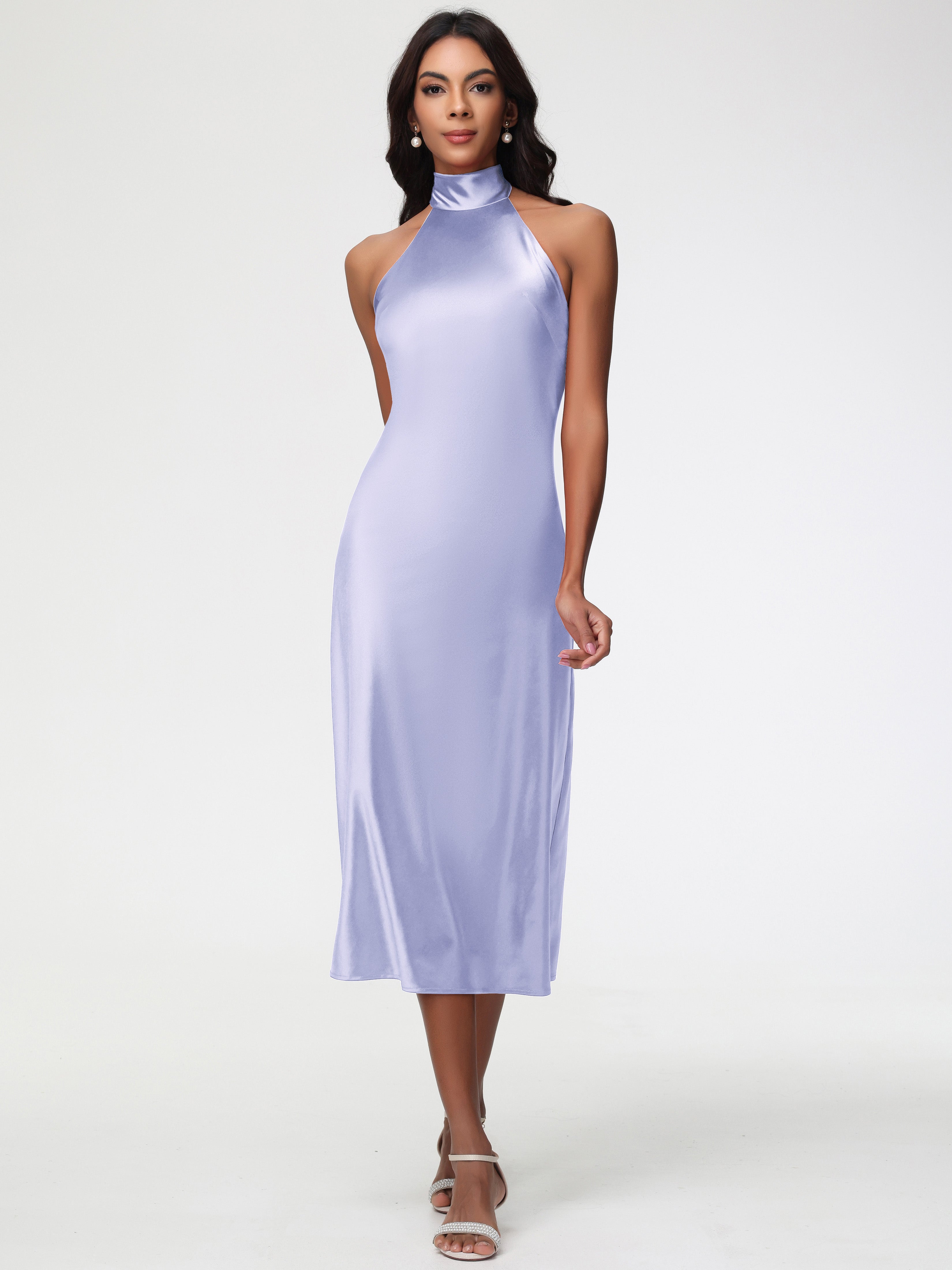 Robes De Demoiselle D'Honneur Lavande Licou Satin Extensible Robe Trapèze Demoiselle D'Honneur Mi Longue