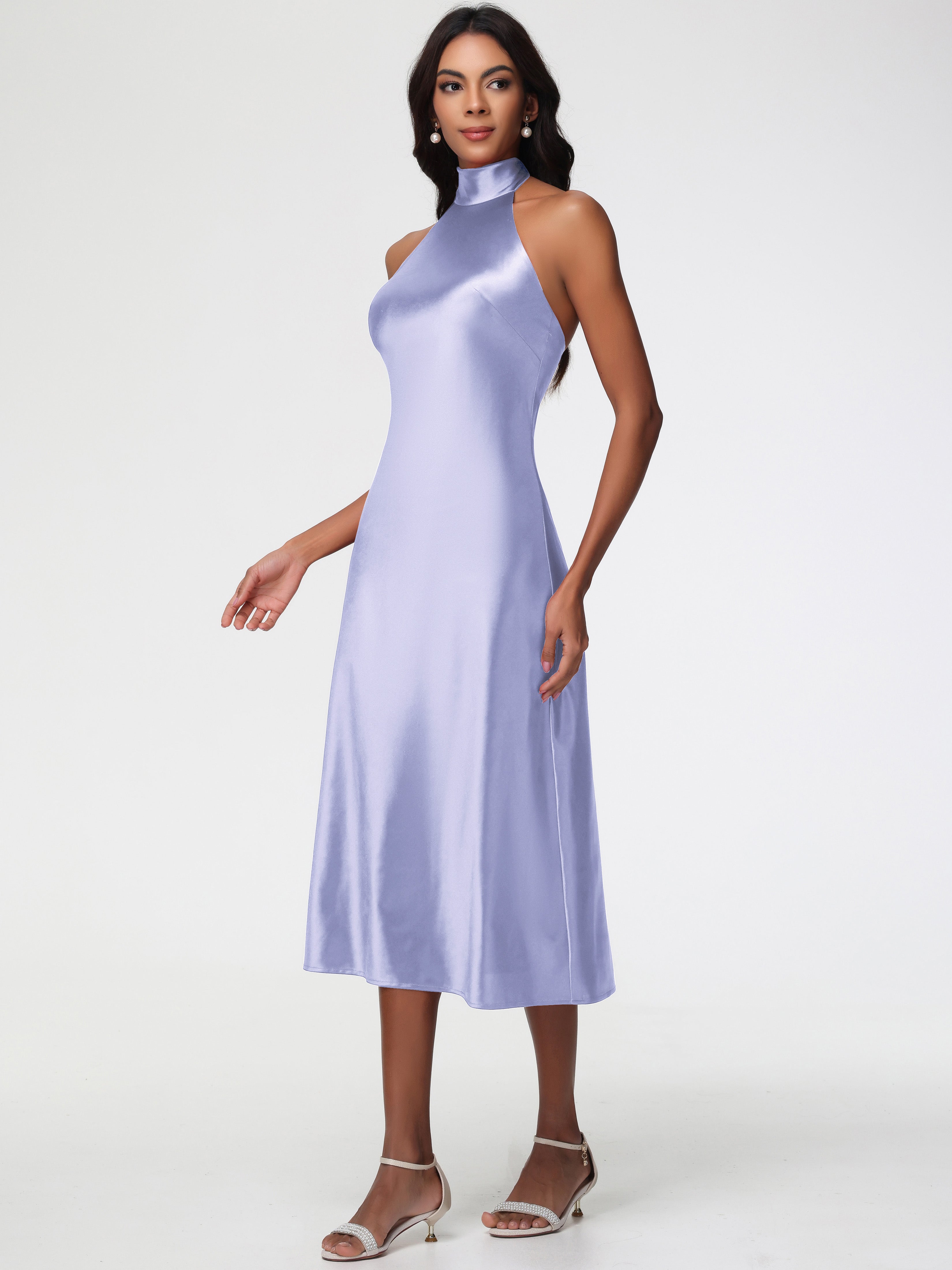 Robes De Demoiselle D'Honneur Lavande Licou Satin Extensible Robe Trapèze Demoiselle D'Honneur Mi Longue