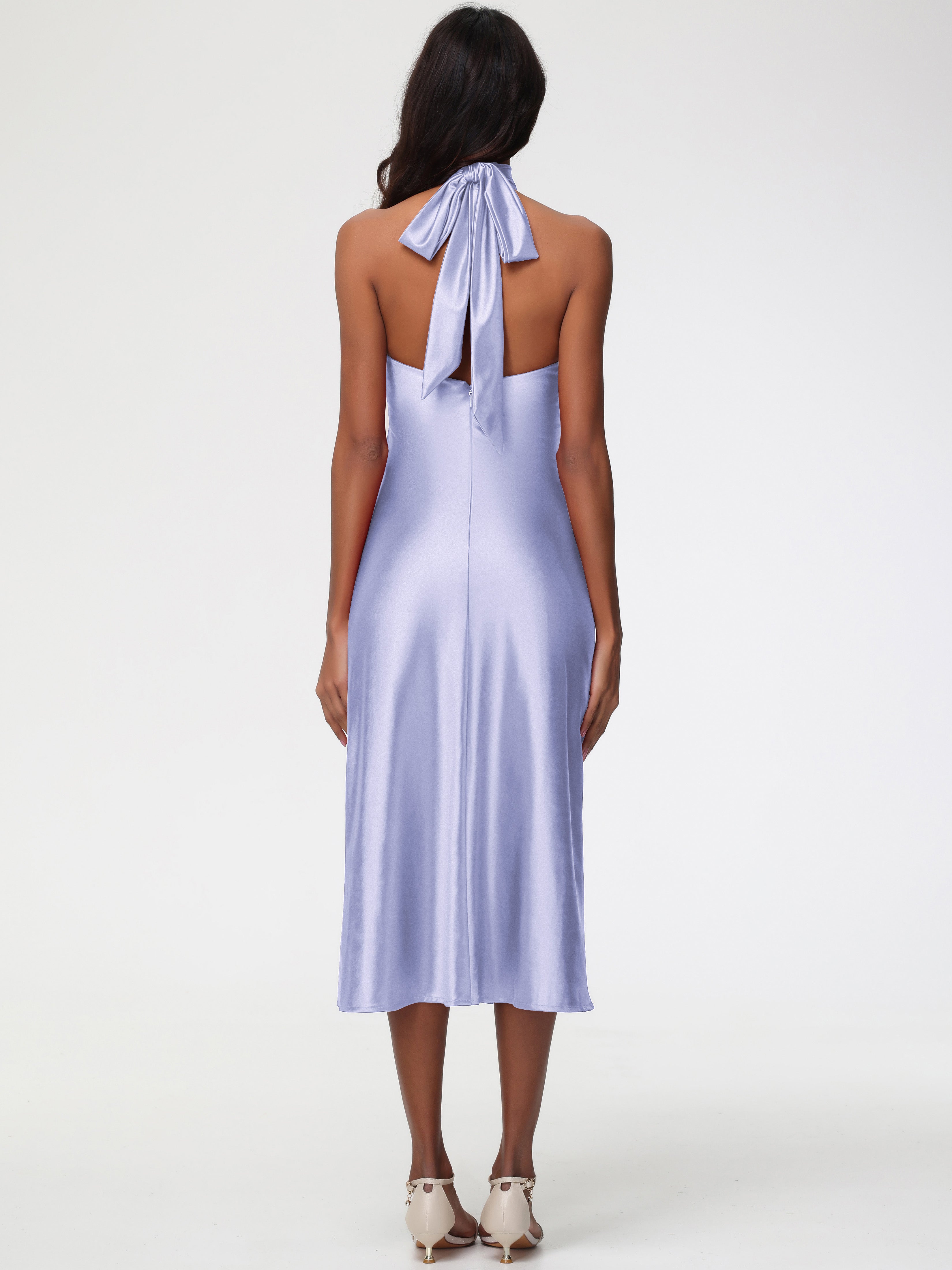 Robes De Demoiselle D'Honneur Lavande Licou Satin Extensible Robe Trapèze Demoiselle D'Honneur Mi Longue