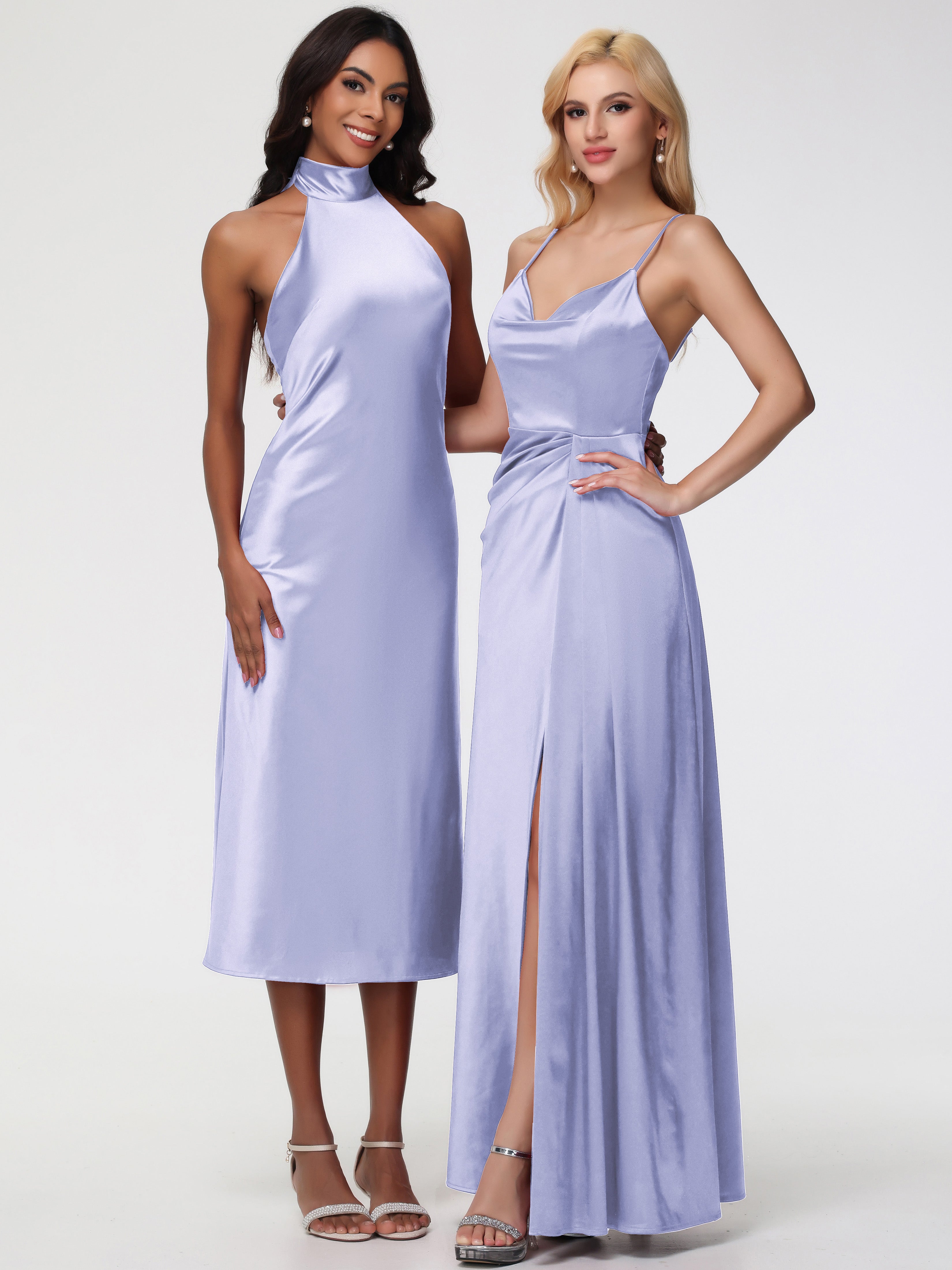 Robes De Demoiselle D'Honneur Lavande Licou Satin Extensible Robe Trapèze Demoiselle D'Honneur Mi Longue