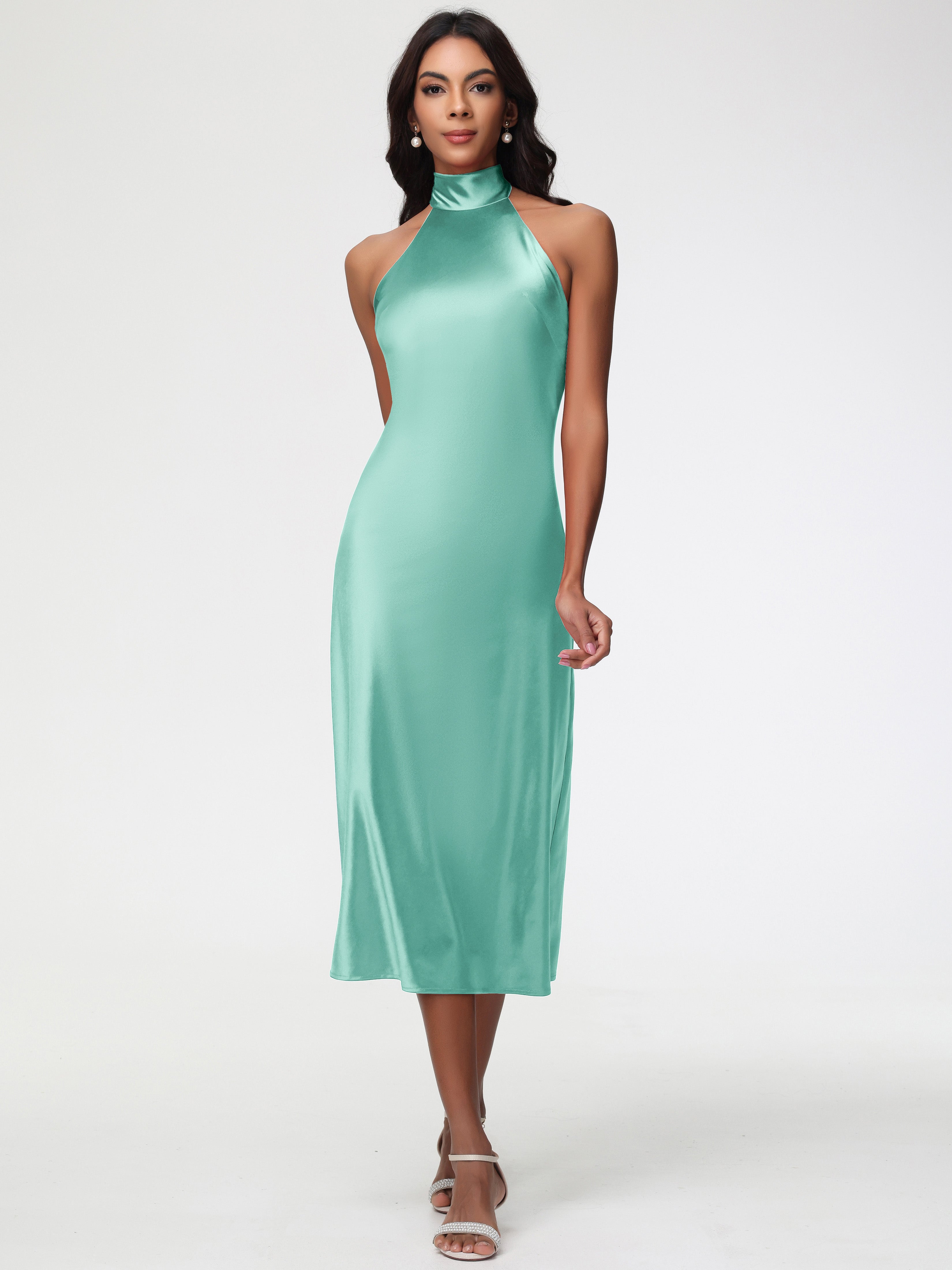 Robe Vert Menthe Demoiselle D Honneur Licou Satin Extensible Robe Trapèze Demoiselle D'Honneur Mi Longue
