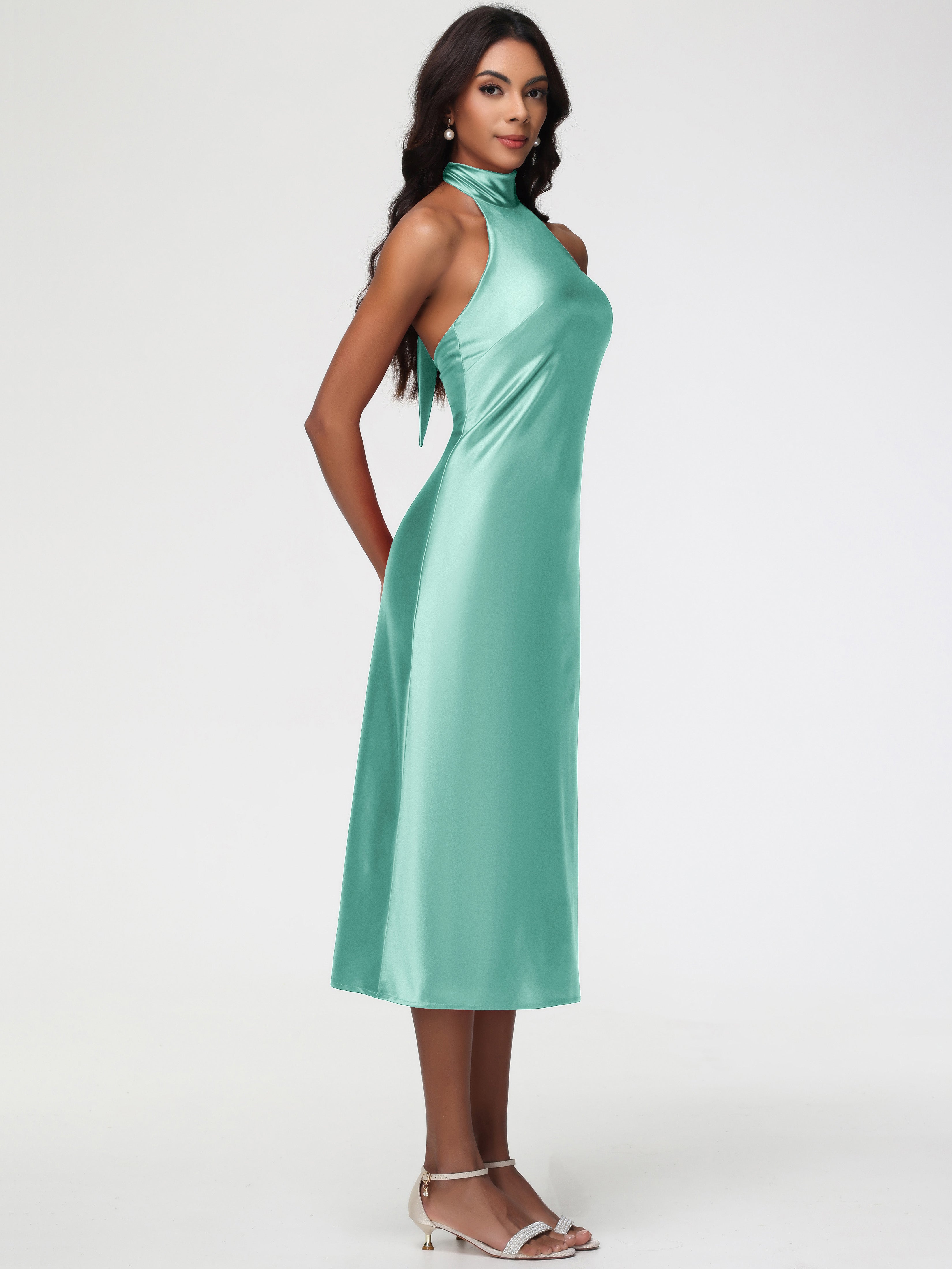 Robe Vert Menthe Demoiselle D Honneur Licou Satin Extensible Robe Trapèze Demoiselle D'Honneur Mi Longue
