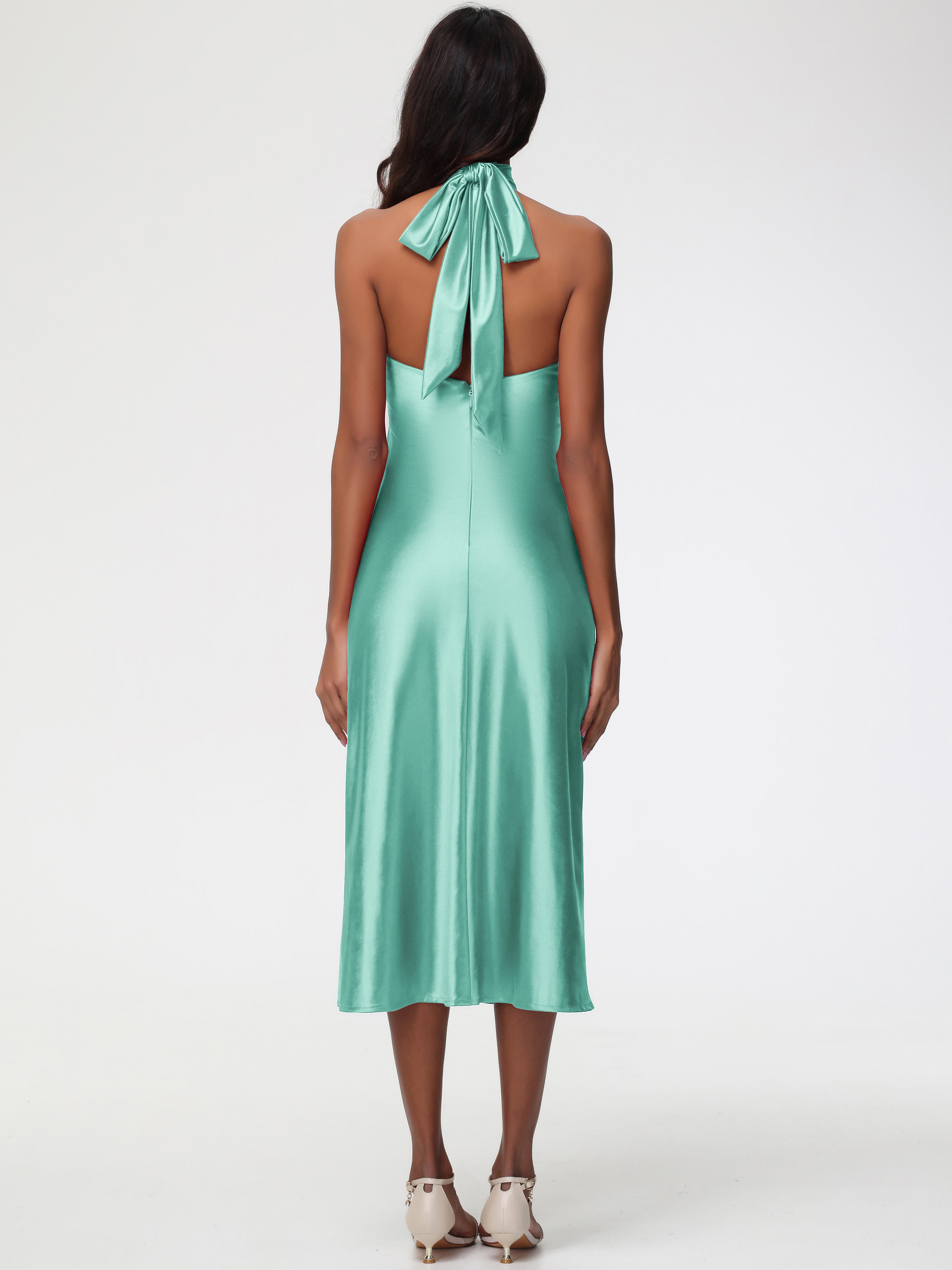 Robe Vert Menthe Demoiselle D Honneur Licou Satin Extensible Robe Trapèze Demoiselle D'Honneur Mi Longue