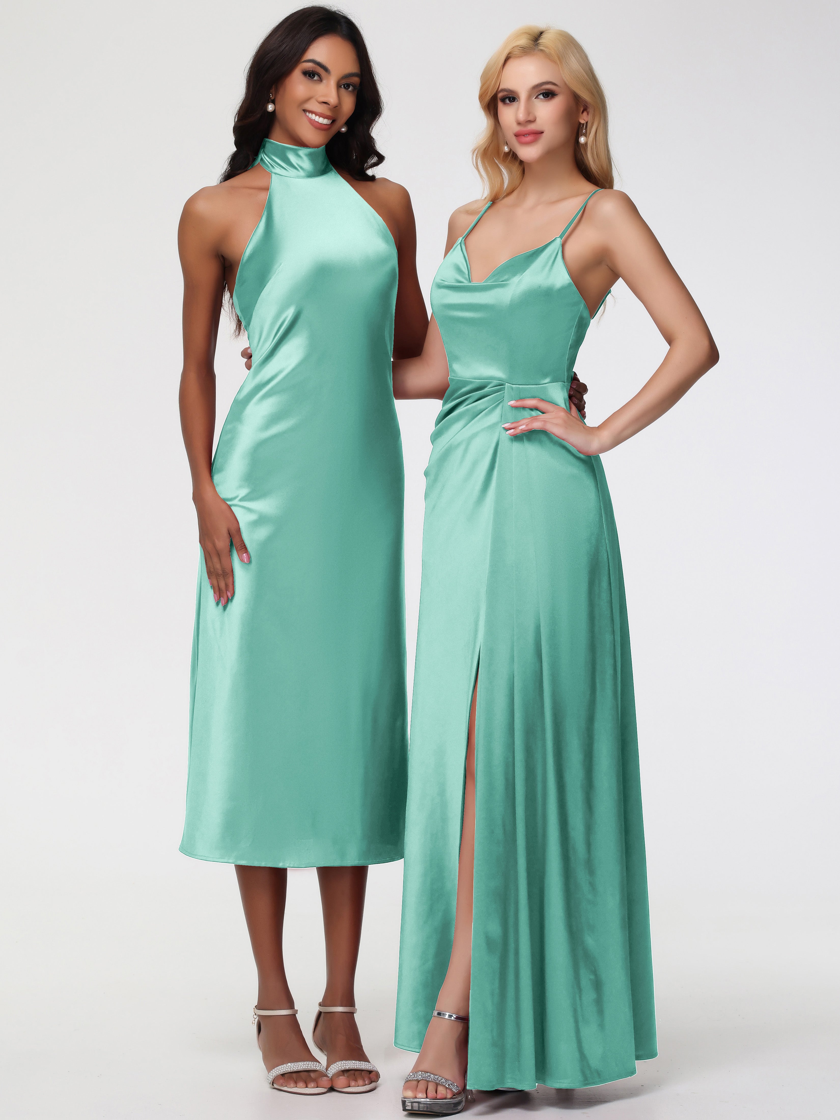 Robe Vert Menthe Demoiselle D Honneur Licou Satin Extensible Robe Trapèze Demoiselle D'Honneur Mi Longue