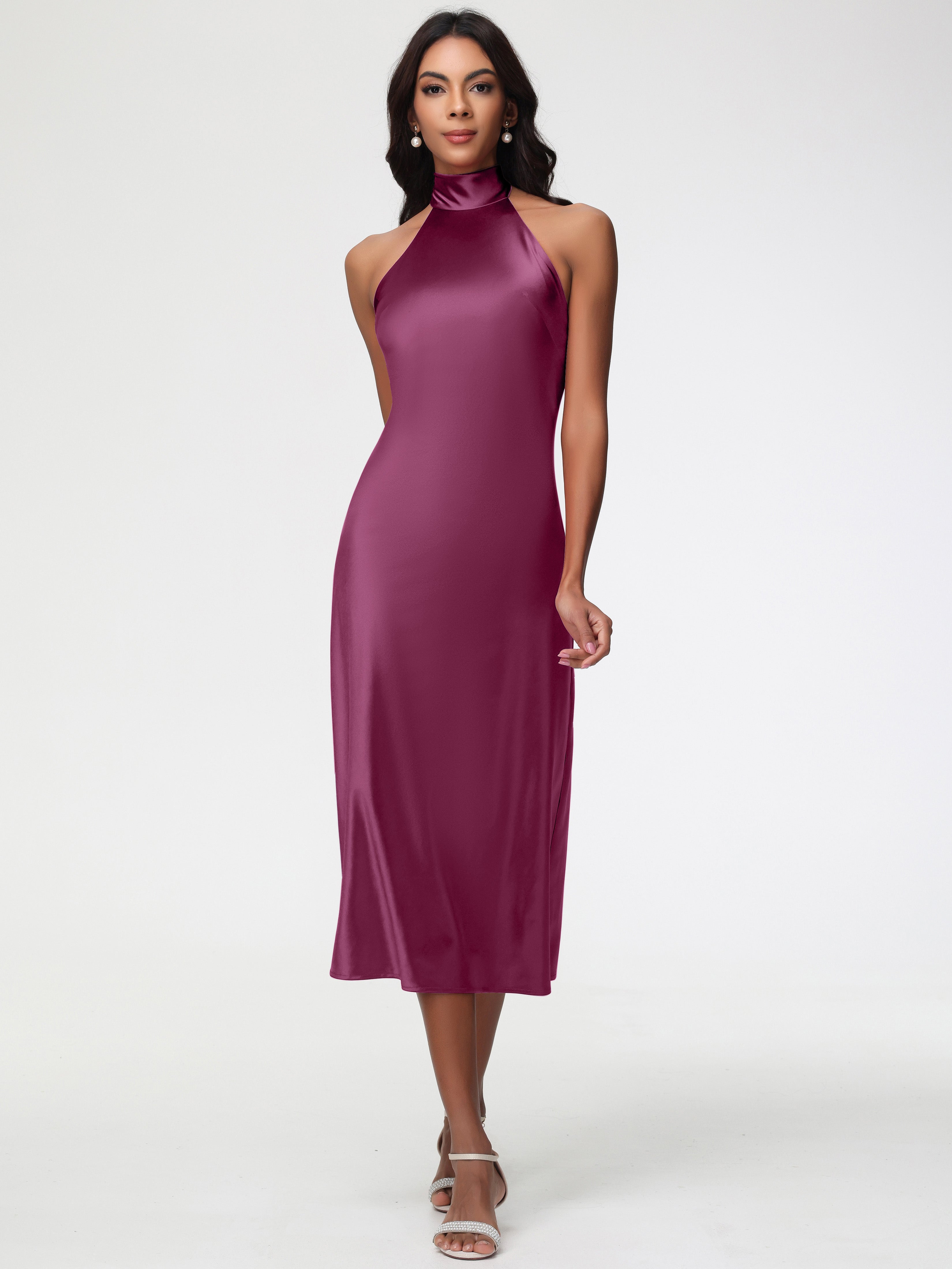 Robes De Demoiselle D'Honneur Mure Licou Satin Extensible Robe Trapèze Demoiselle D'Honneur Mi Longue