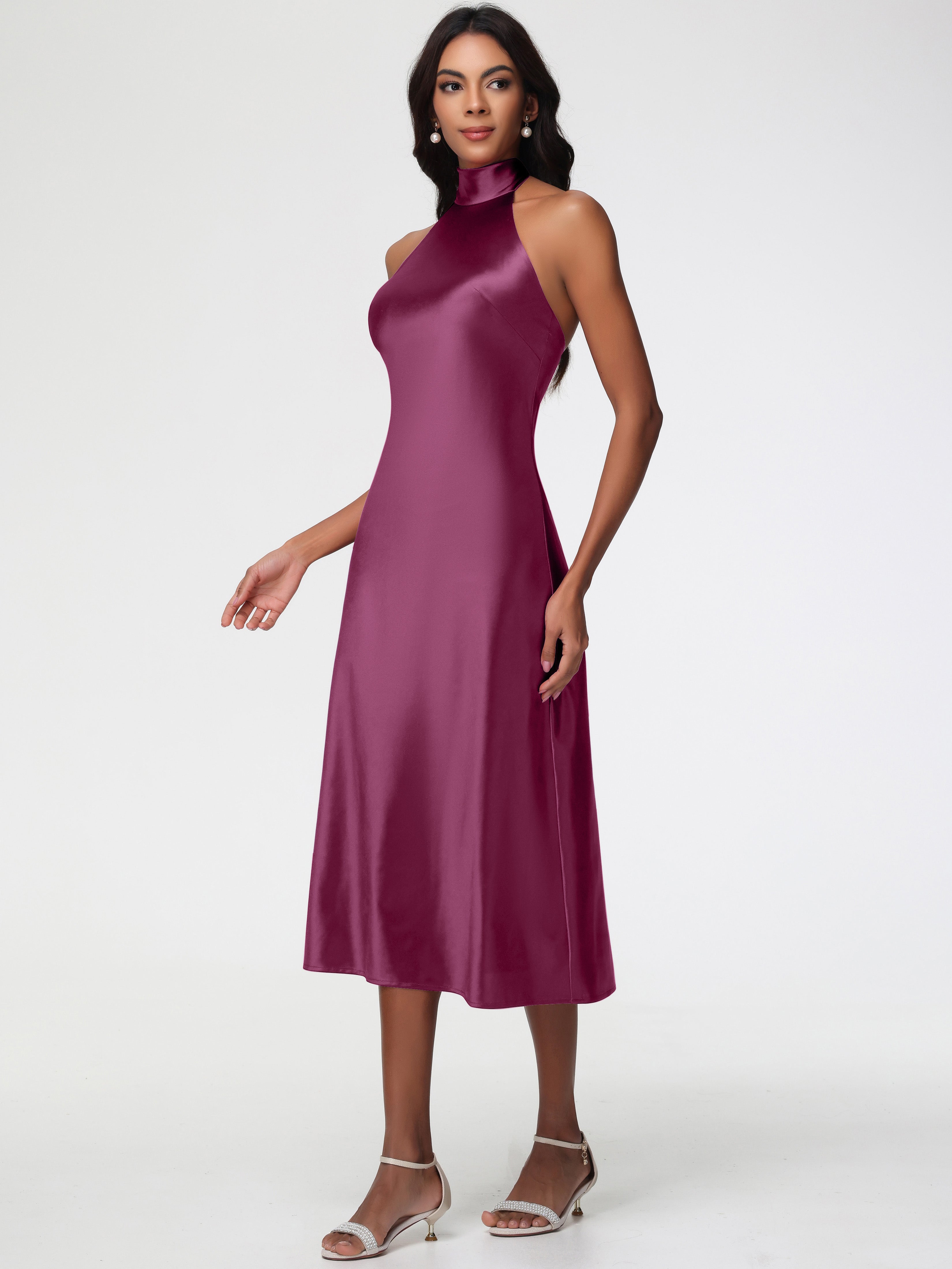 Robes De Demoiselle D'Honneur Mure Licou Satin Extensible Robe Trapèze Demoiselle D'Honneur Mi Longue