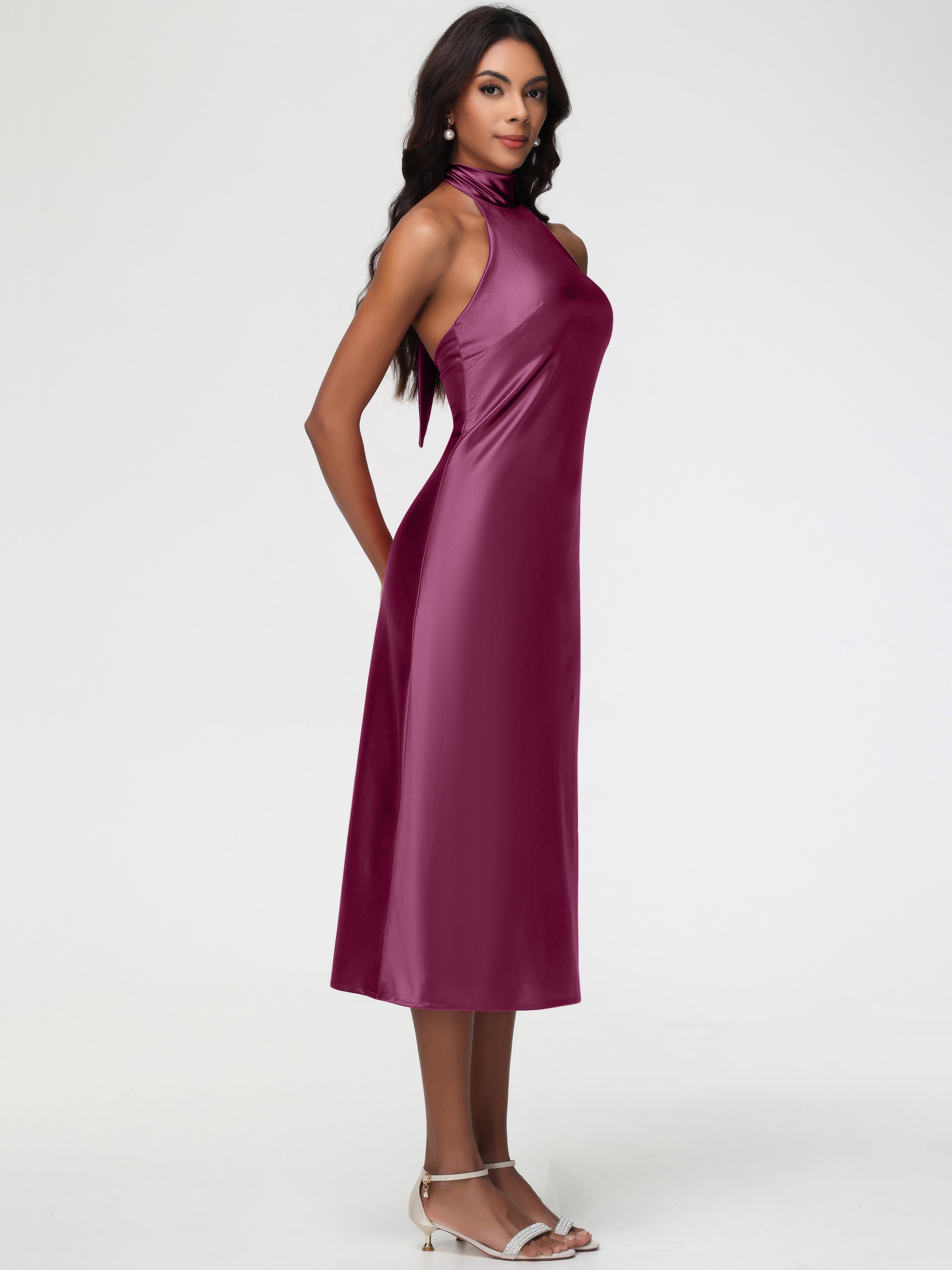 Robes De Demoiselle D'Honneur Mure Licou Satin Extensible Robe Trapèze Demoiselle D'Honneur Mi Longue