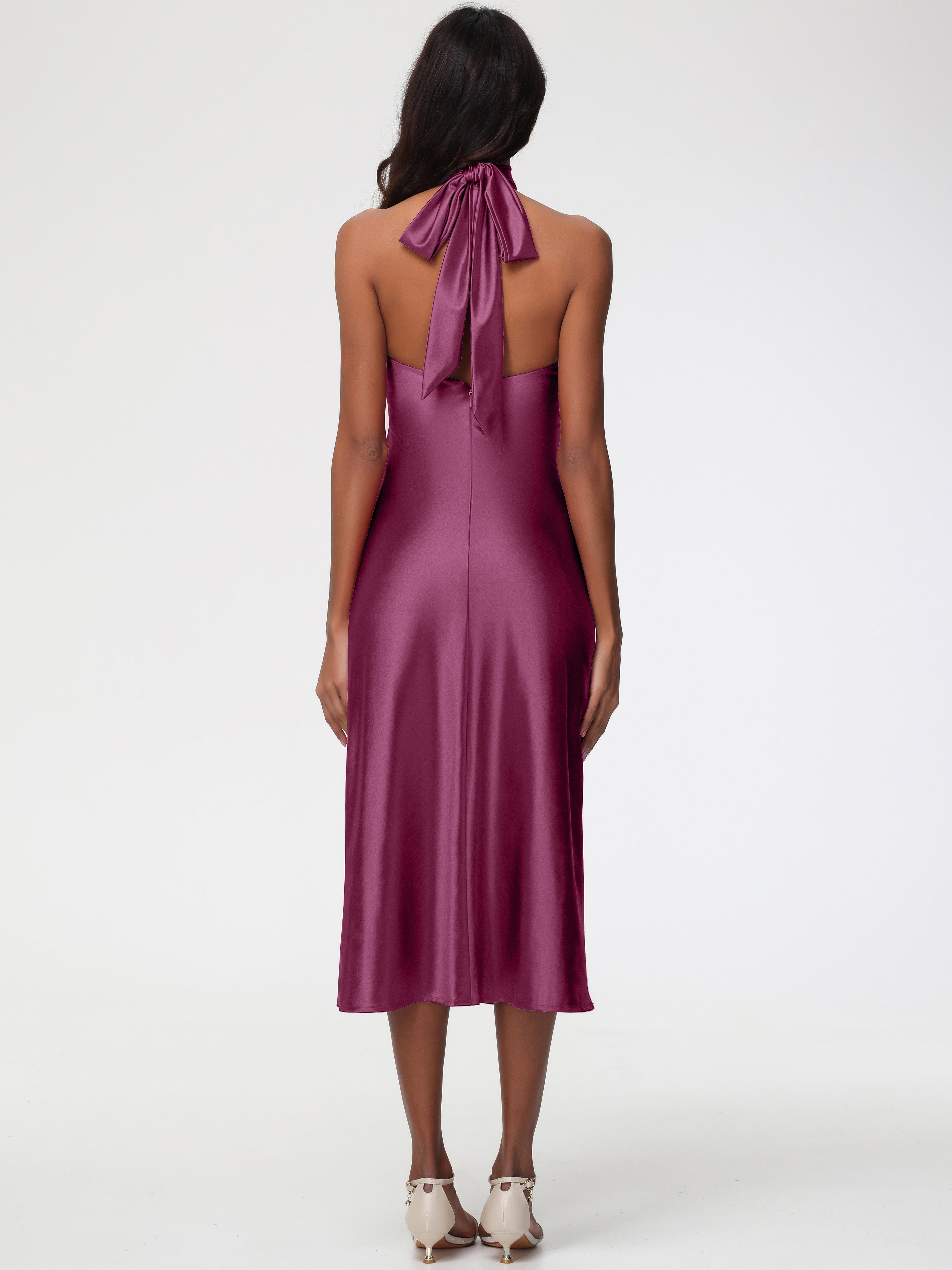 Robes De Demoiselle D'Honneur Mure Licou Satin Extensible Robe Trapèze Demoiselle D'Honneur Mi Longue