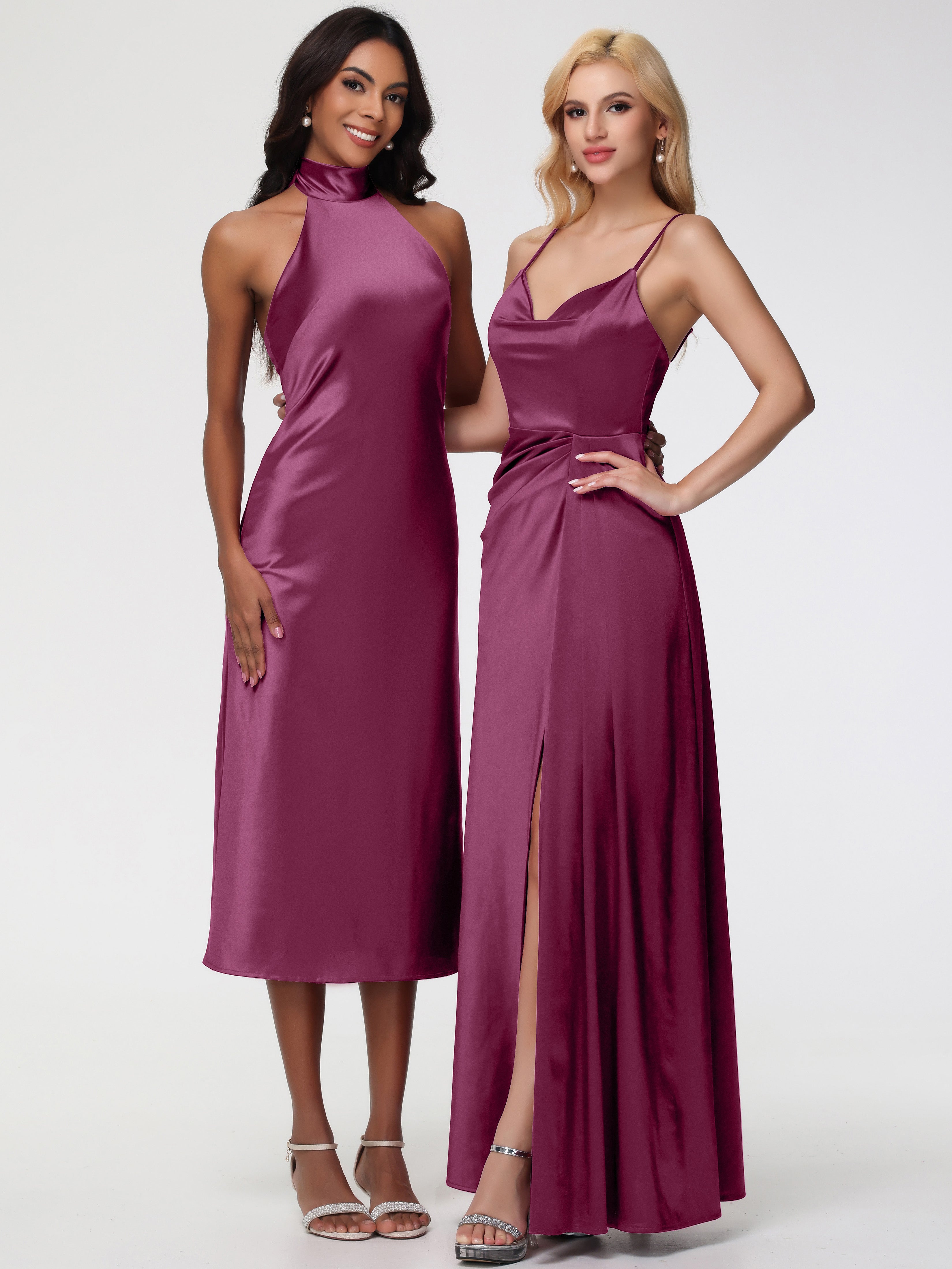 Robes De Demoiselle D'Honneur Mure Licou Satin Extensible Robe Trapèze Demoiselle D'Honneur Mi Longue