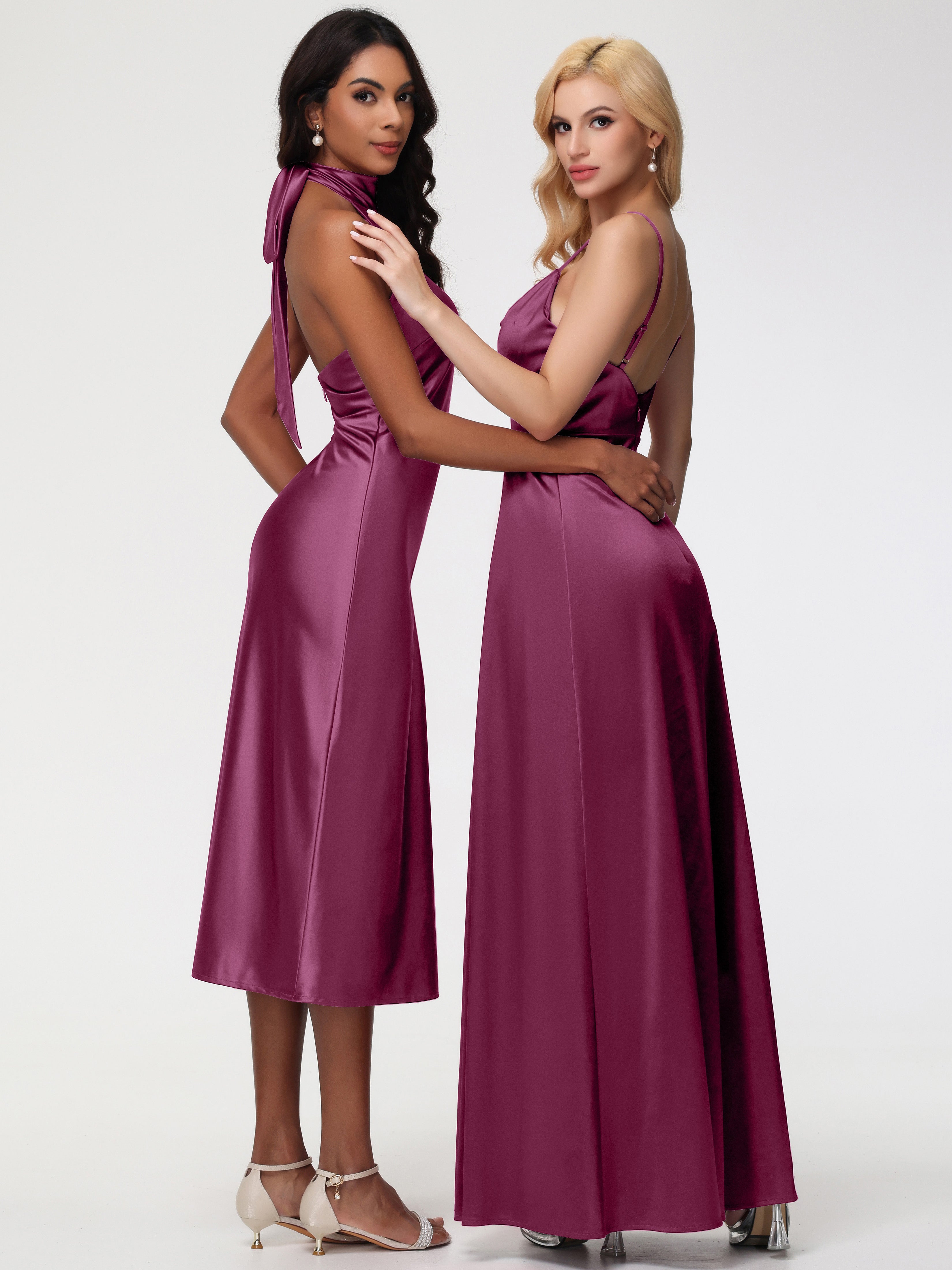 Robes De Demoiselle D'Honneur Mure Licou Satin Extensible Robe Trapèze Demoiselle D'Honneur Mi Longue