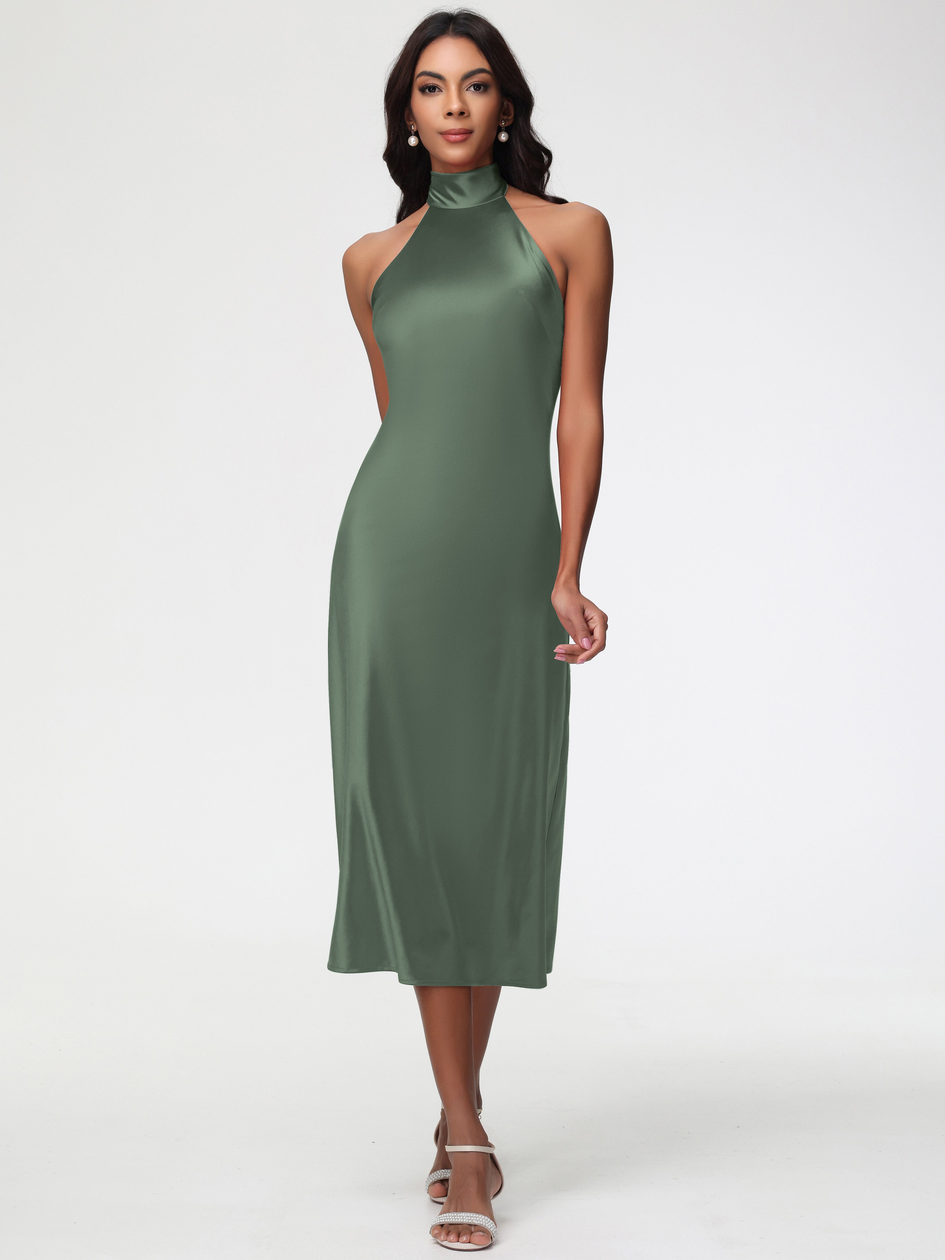 Robes De Demoiselle D'Honneur Vert Olive Licou Satin Extensible Robe Trapèze Demoiselle D'Honneur Mi Longue