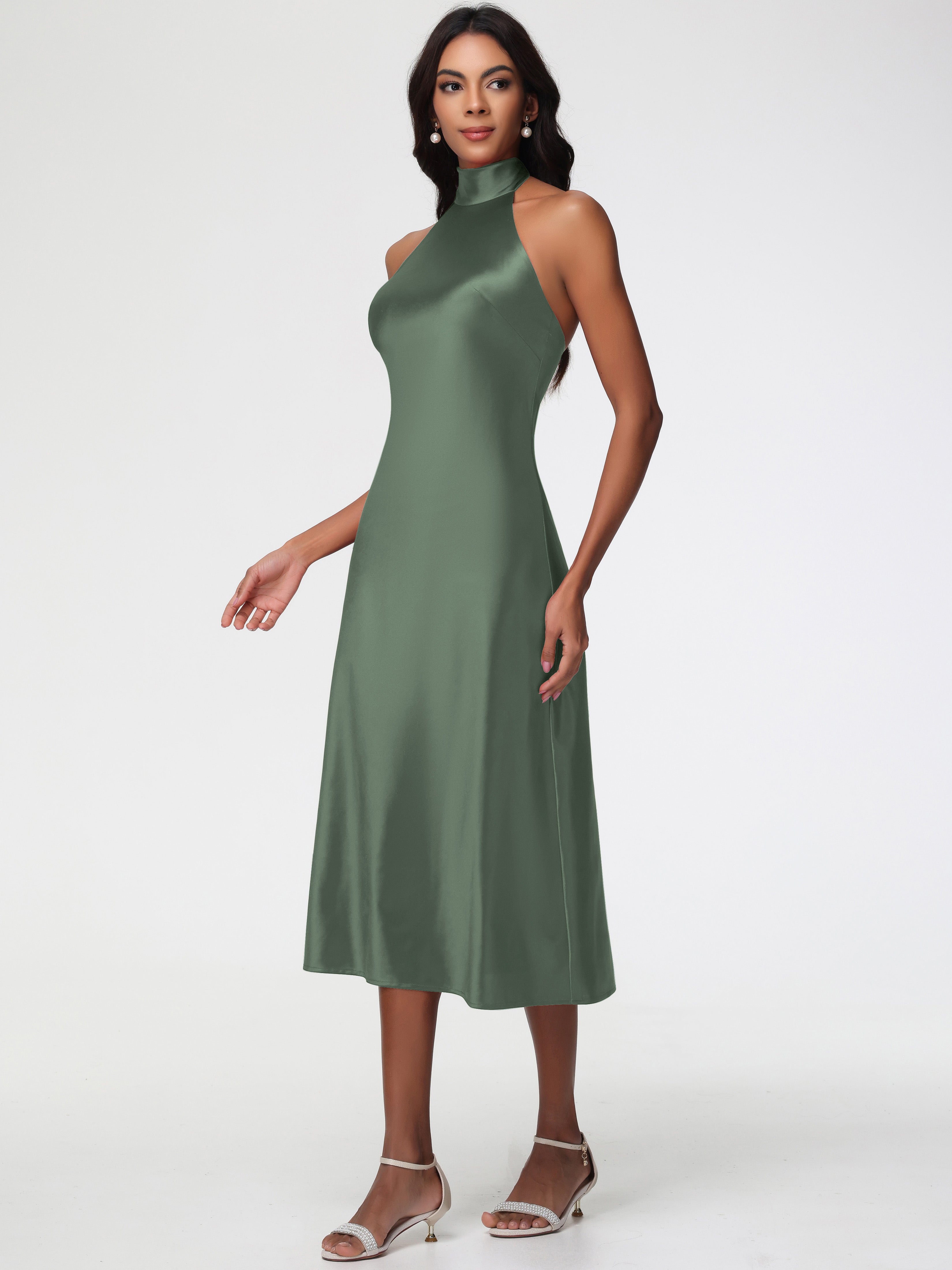 Robes De Demoiselle D'Honneur Vert Olive Licou Satin Extensible Robe Trapèze Demoiselle D'Honneur Mi Longue