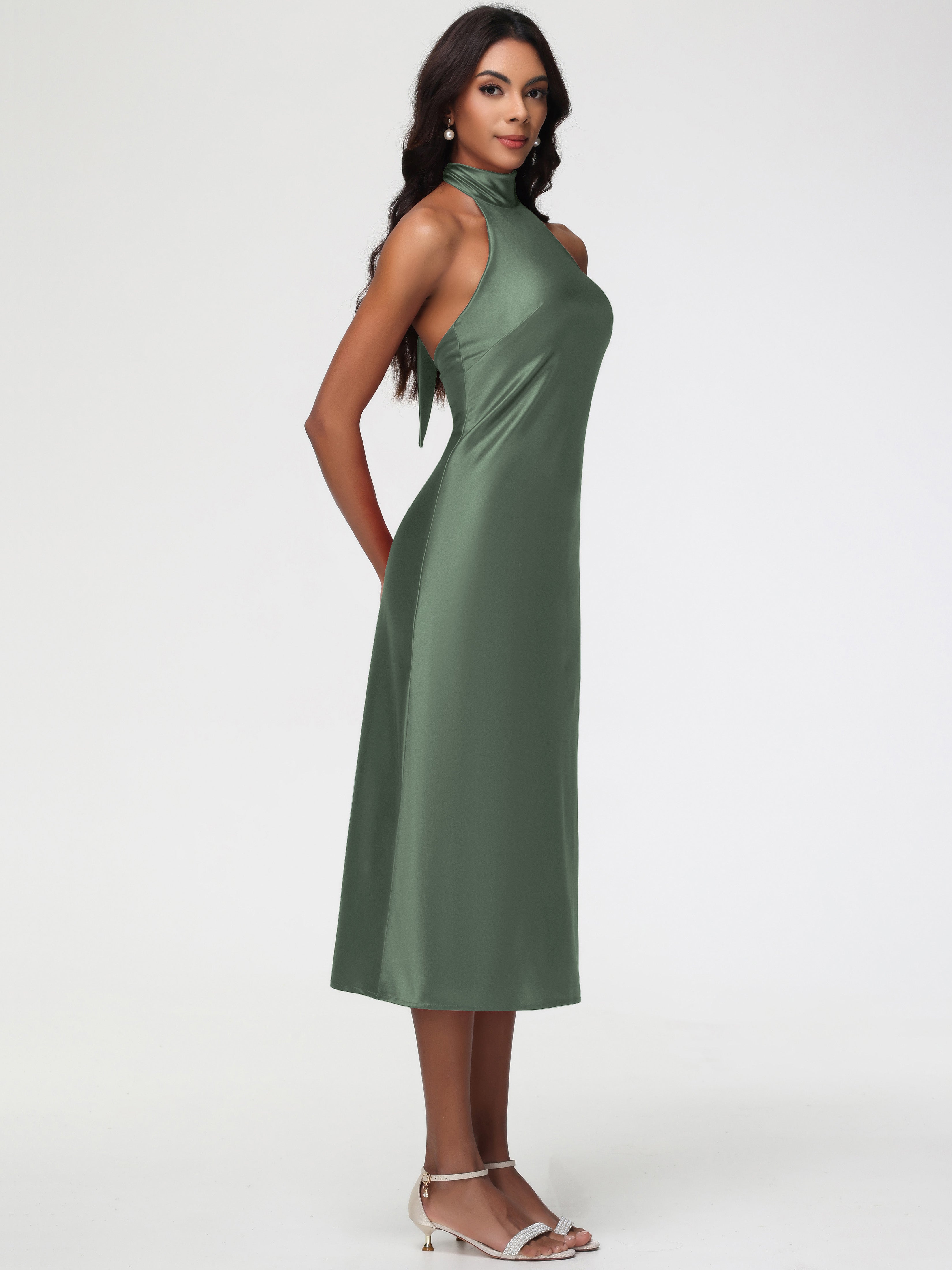 Robes De Demoiselle D'Honneur Vert Olive Licou Satin Extensible Robe Trapèze Demoiselle D'Honneur Mi Longue