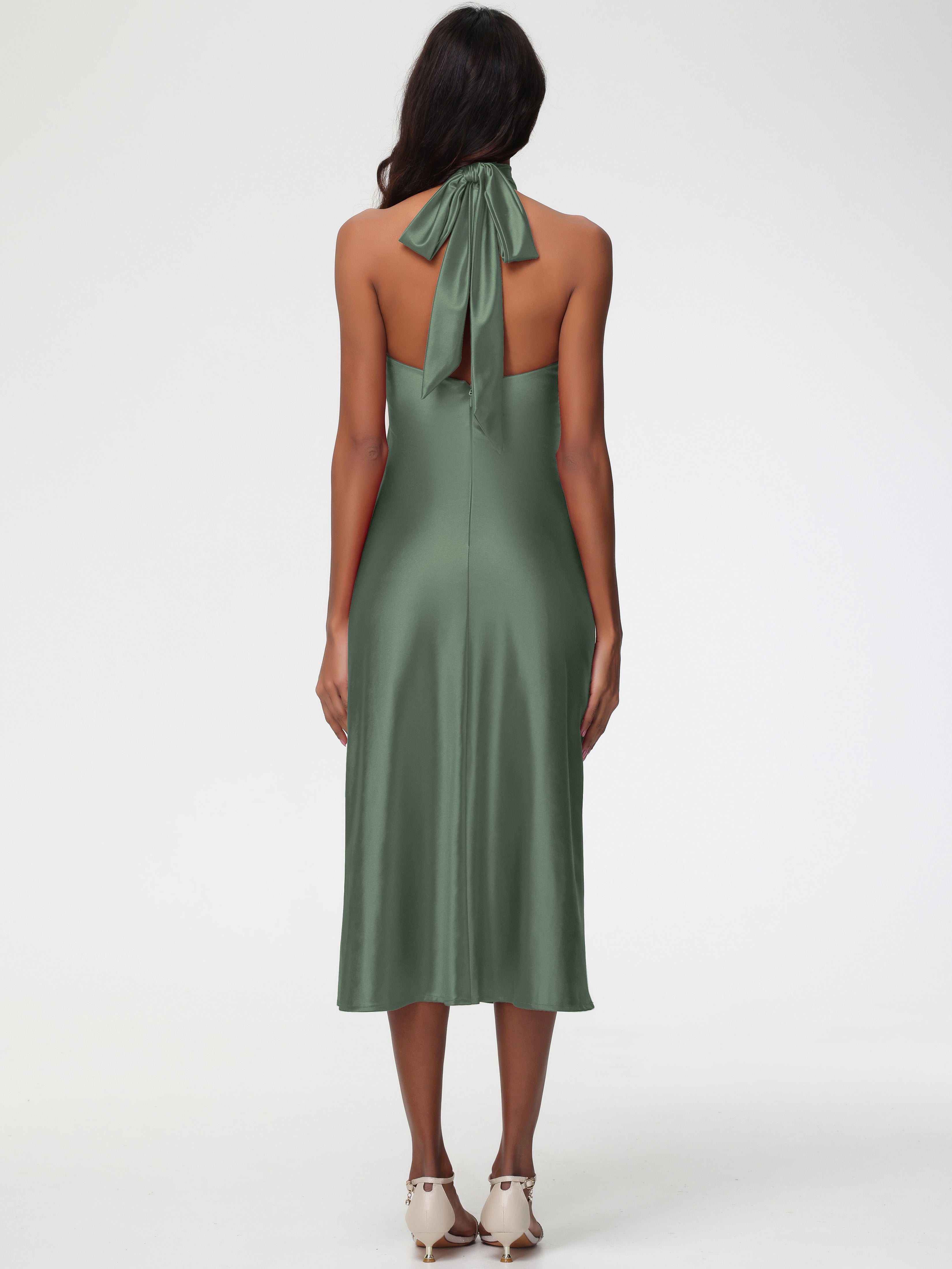 Robes De Demoiselle D'Honneur Vert Olive Licou Satin Extensible Robe Trapèze Demoiselle D'Honneur Mi Longue