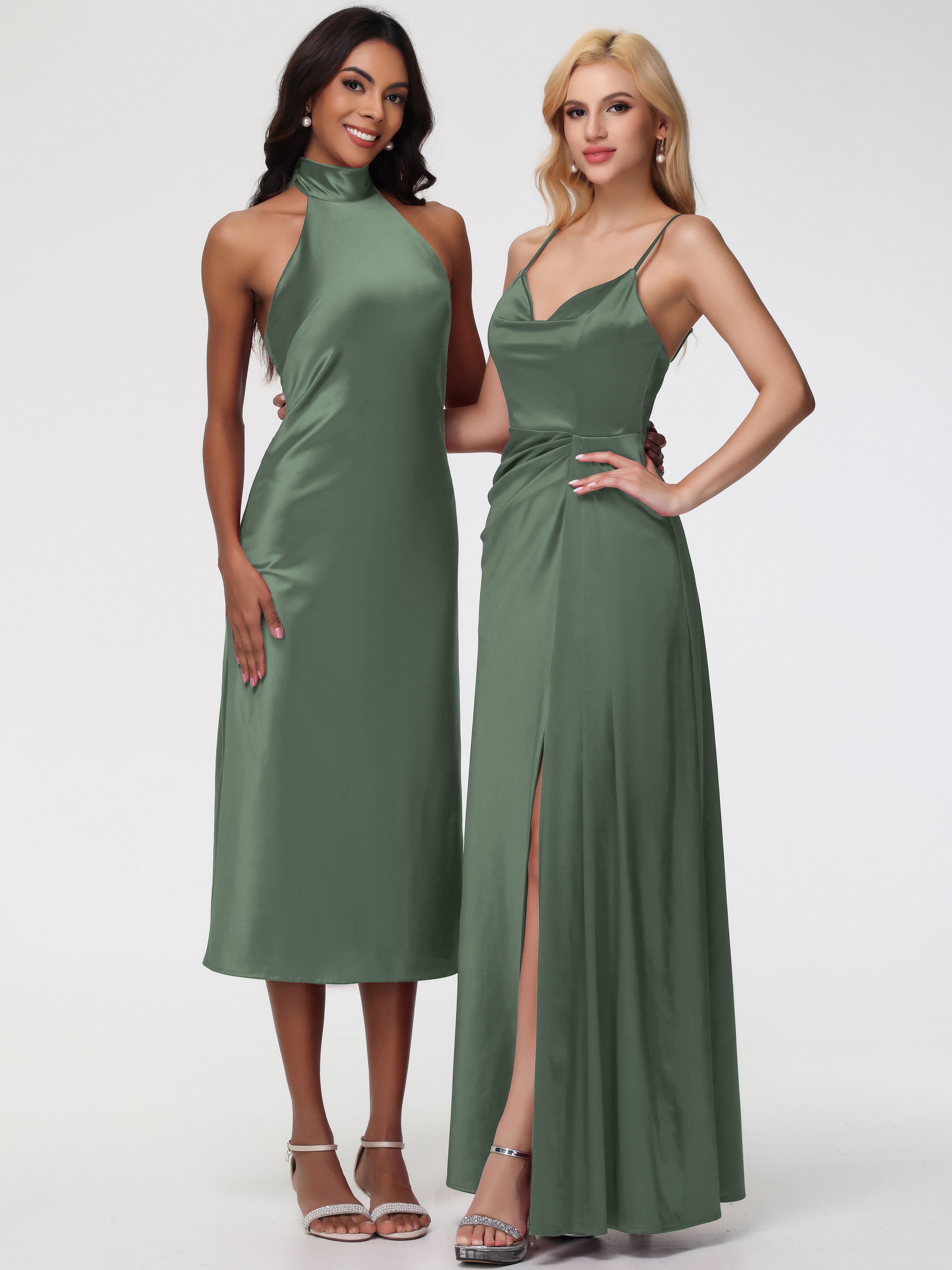 Robes De Demoiselle D'Honneur Vert Olive Licou Satin Extensible Robe Trapèze Demoiselle D'Honneur Mi Longue