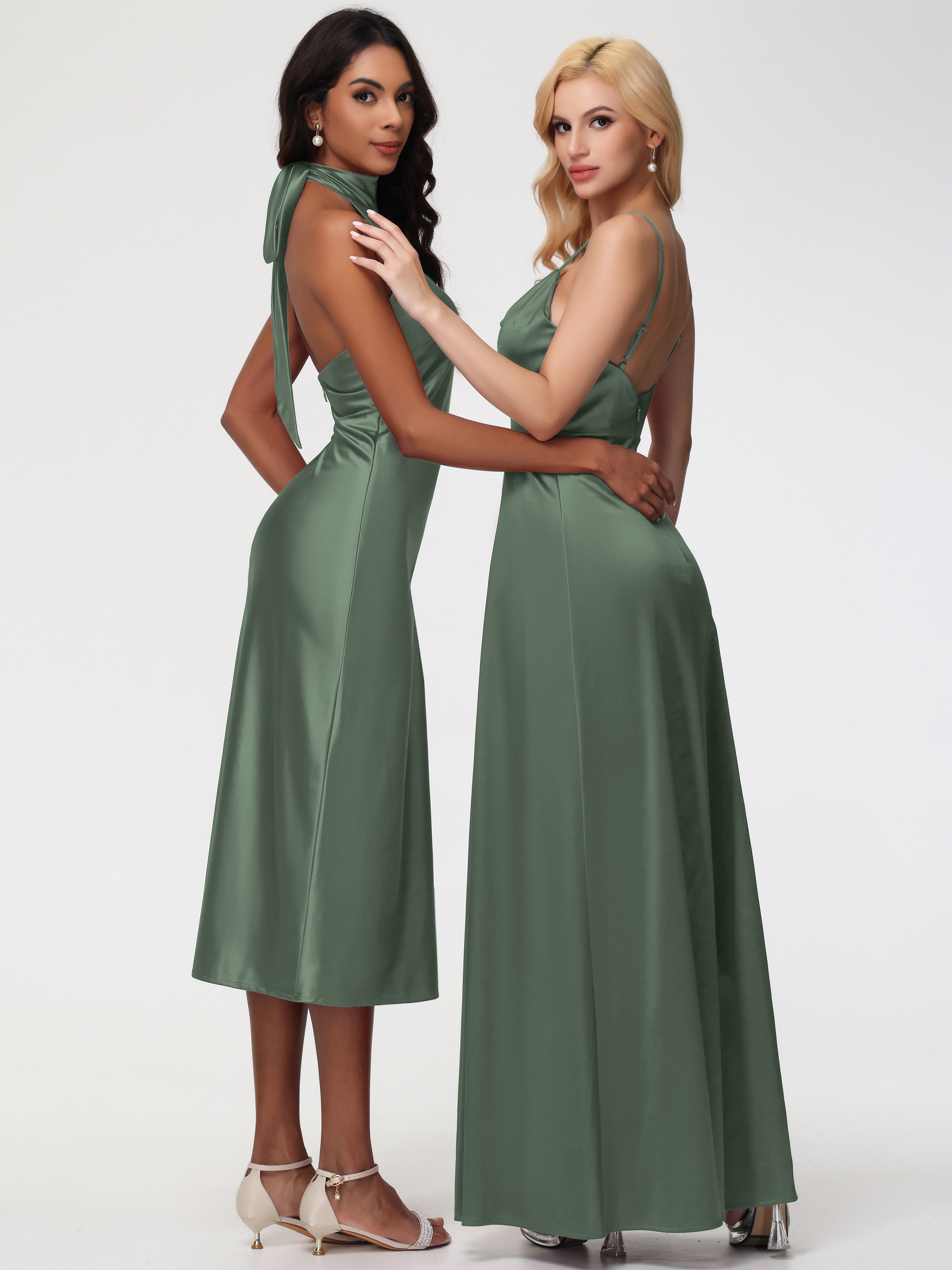 Robes De Demoiselle D'Honneur Vert Olive Licou Satin Extensible Robe Trapèze Demoiselle D'Honneur Mi Longue