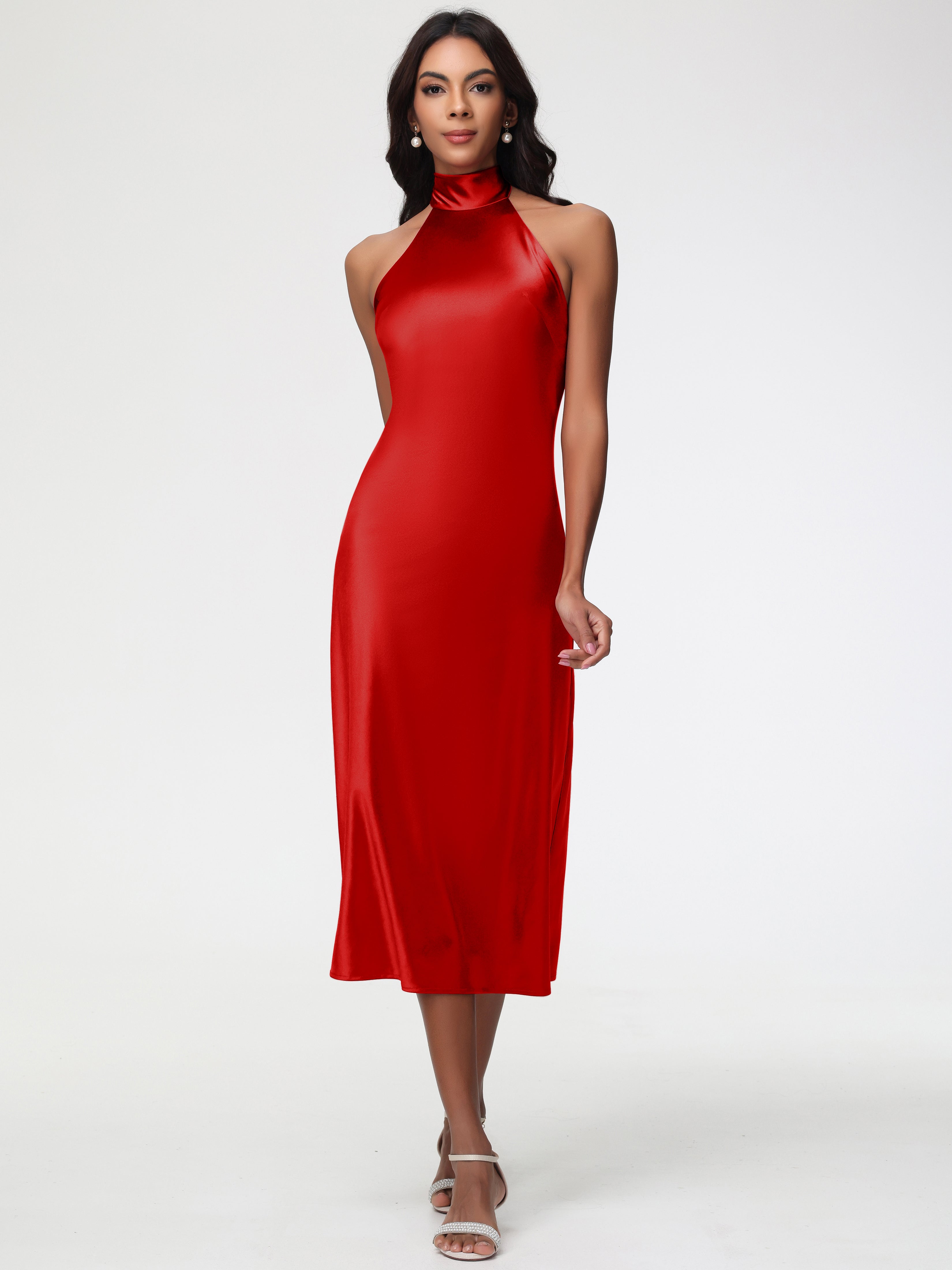 Robe Demoiselle D Honneur Rouge Licou Satin Extensible Robe Trapèze Demoiselle D'Honneur Mi Longue