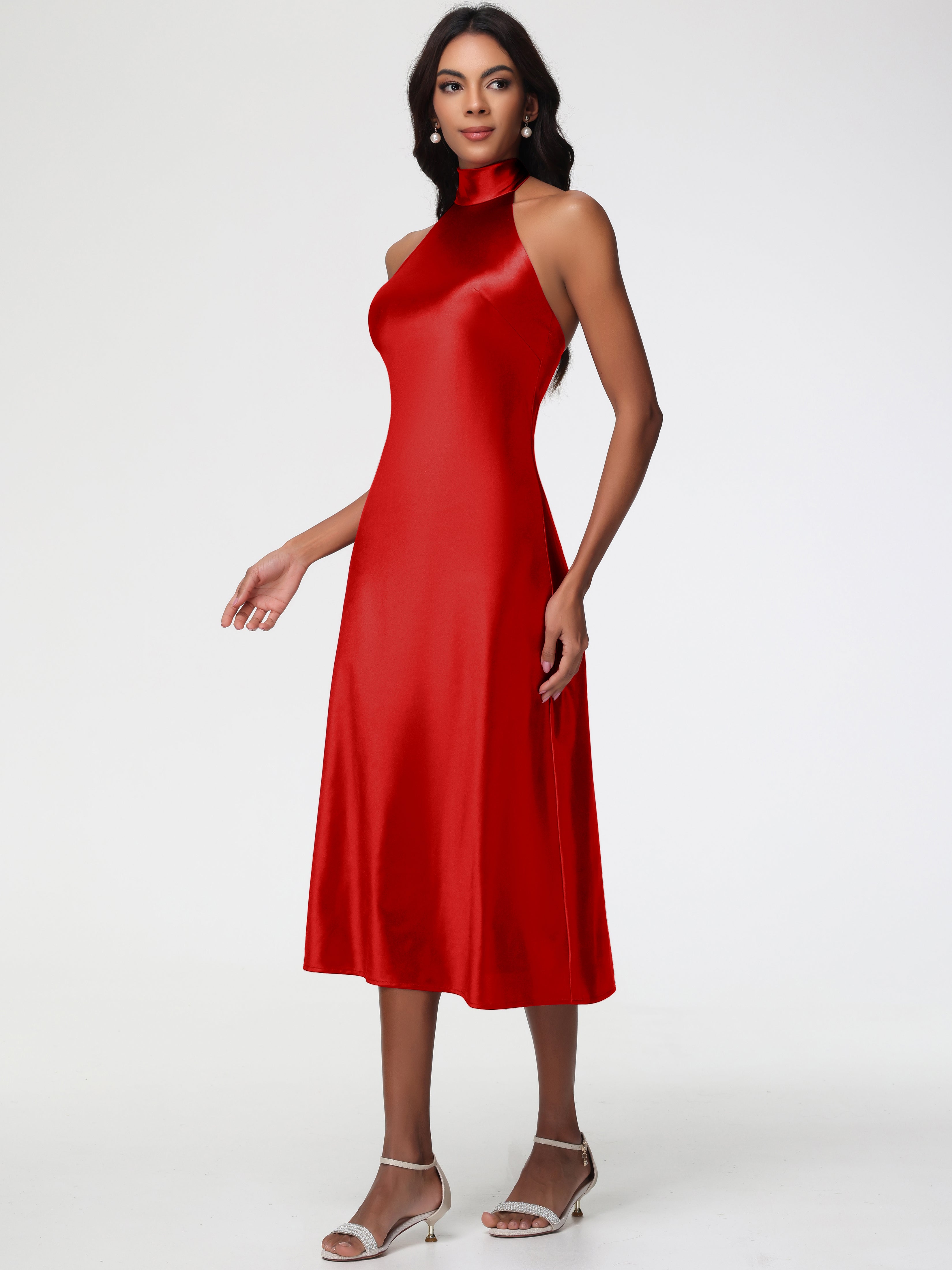 Robe Demoiselle D Honneur Rouge Licou Satin Extensible Robe Trapèze Demoiselle D'Honneur Mi Longue