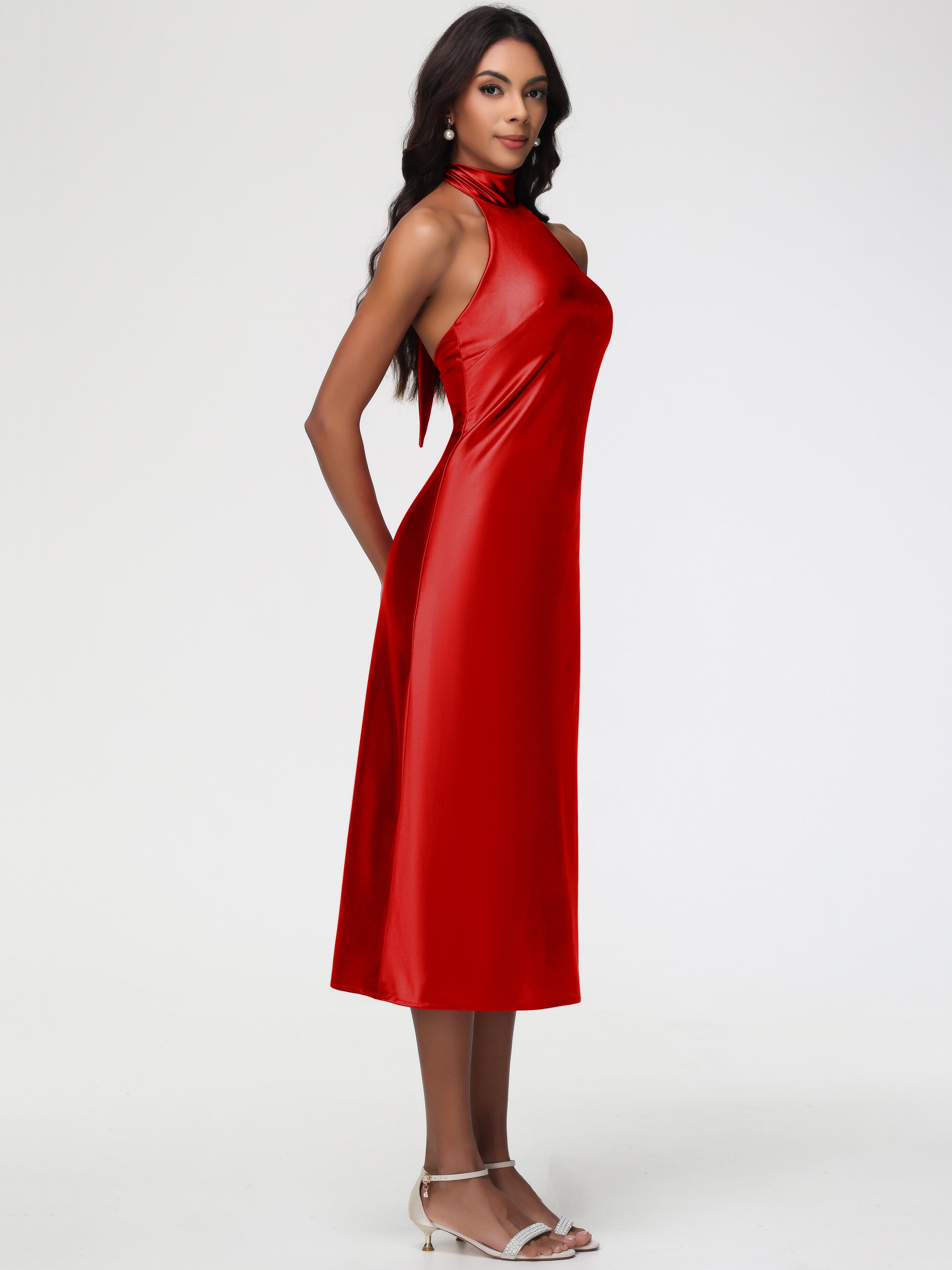 Robe Demoiselle D Honneur Rouge Licou Satin Extensible Robe Trapèze Demoiselle D'Honneur Mi Longue