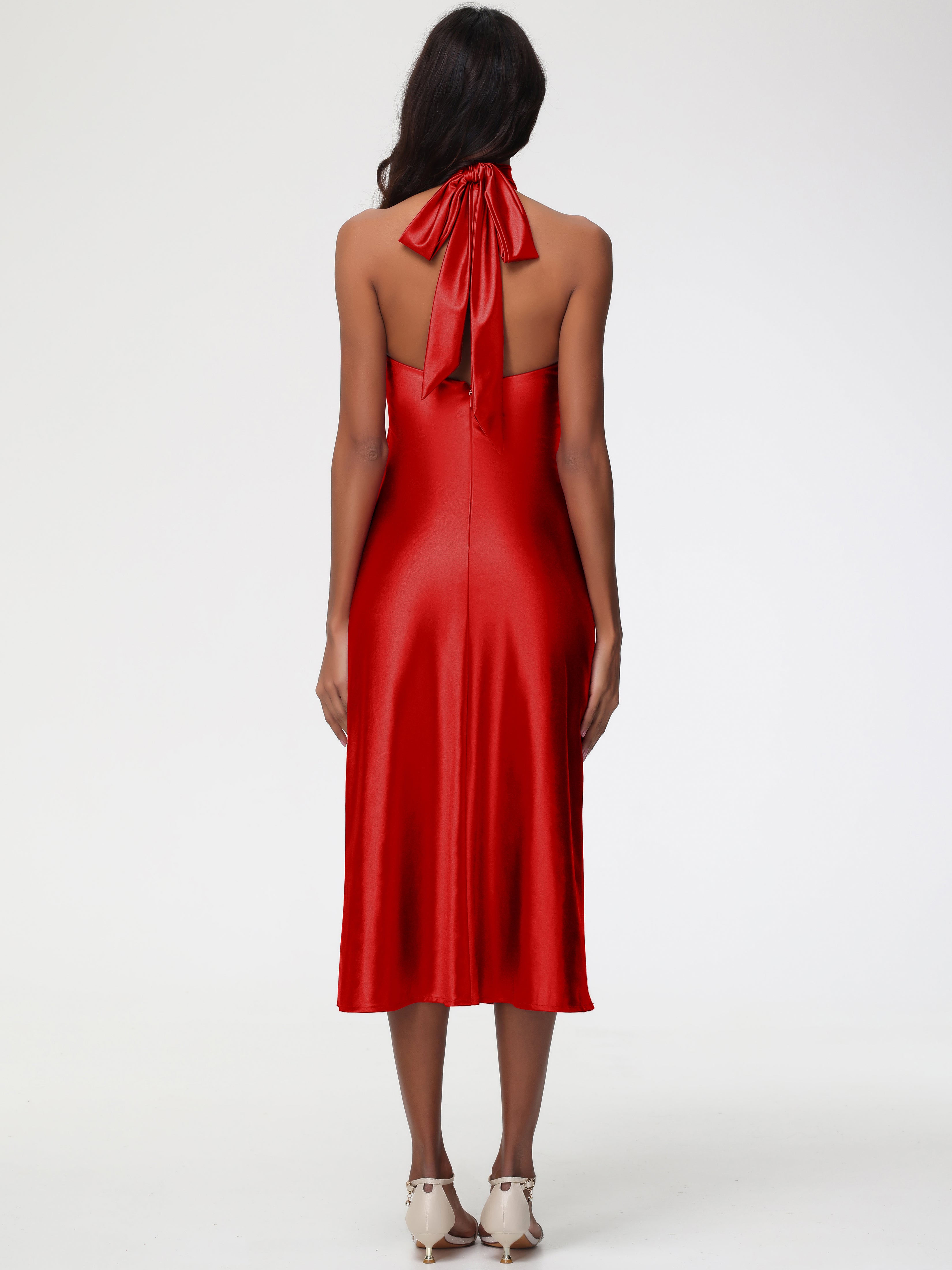 Robe Demoiselle D Honneur Rouge Licou Satin Extensible Robe Trapèze Demoiselle D'Honneur Mi Longue