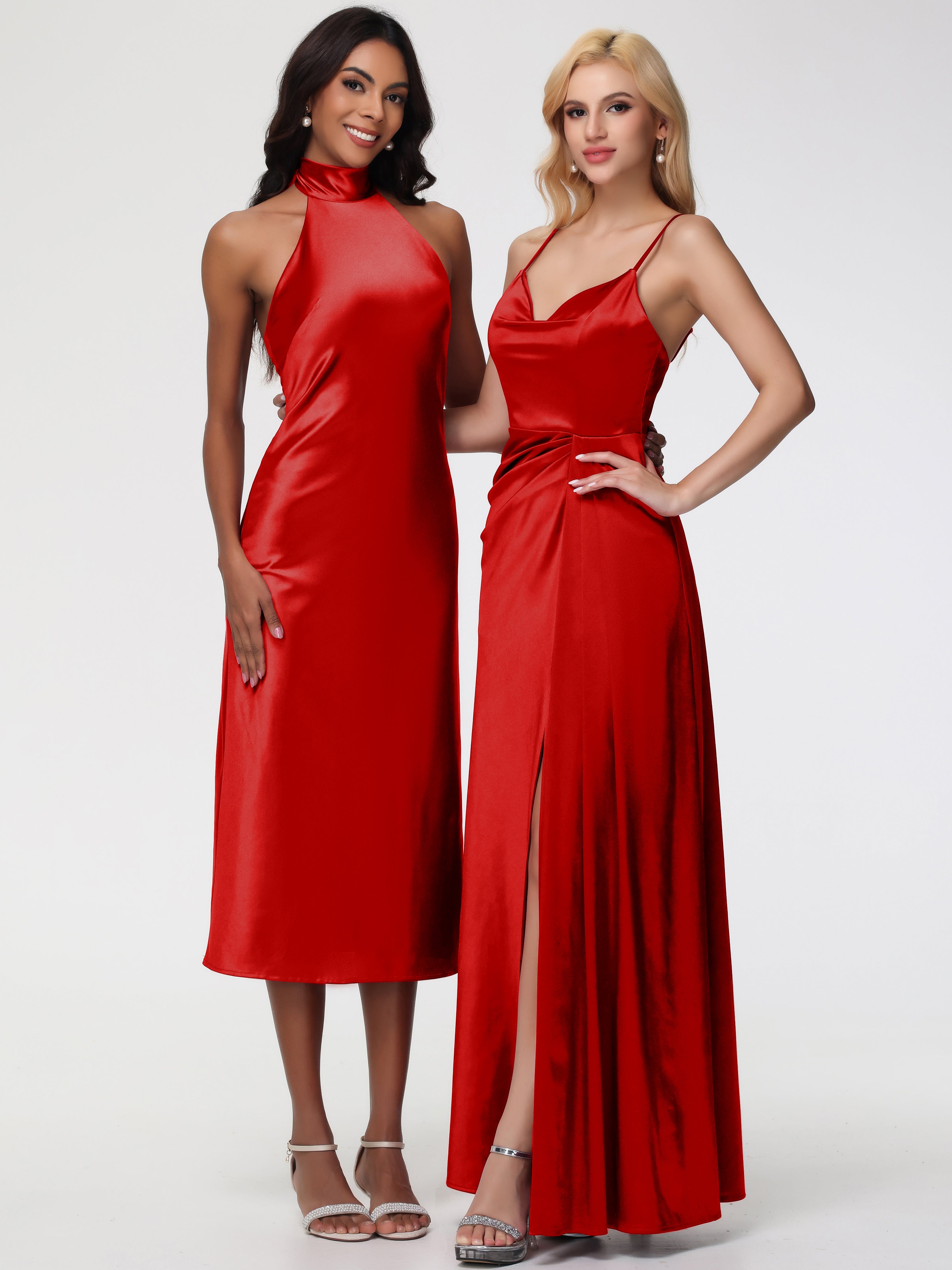 Robe Demoiselle D Honneur Rouge Licou Satin Extensible Robe Trapèze Demoiselle D'Honneur Mi Longue