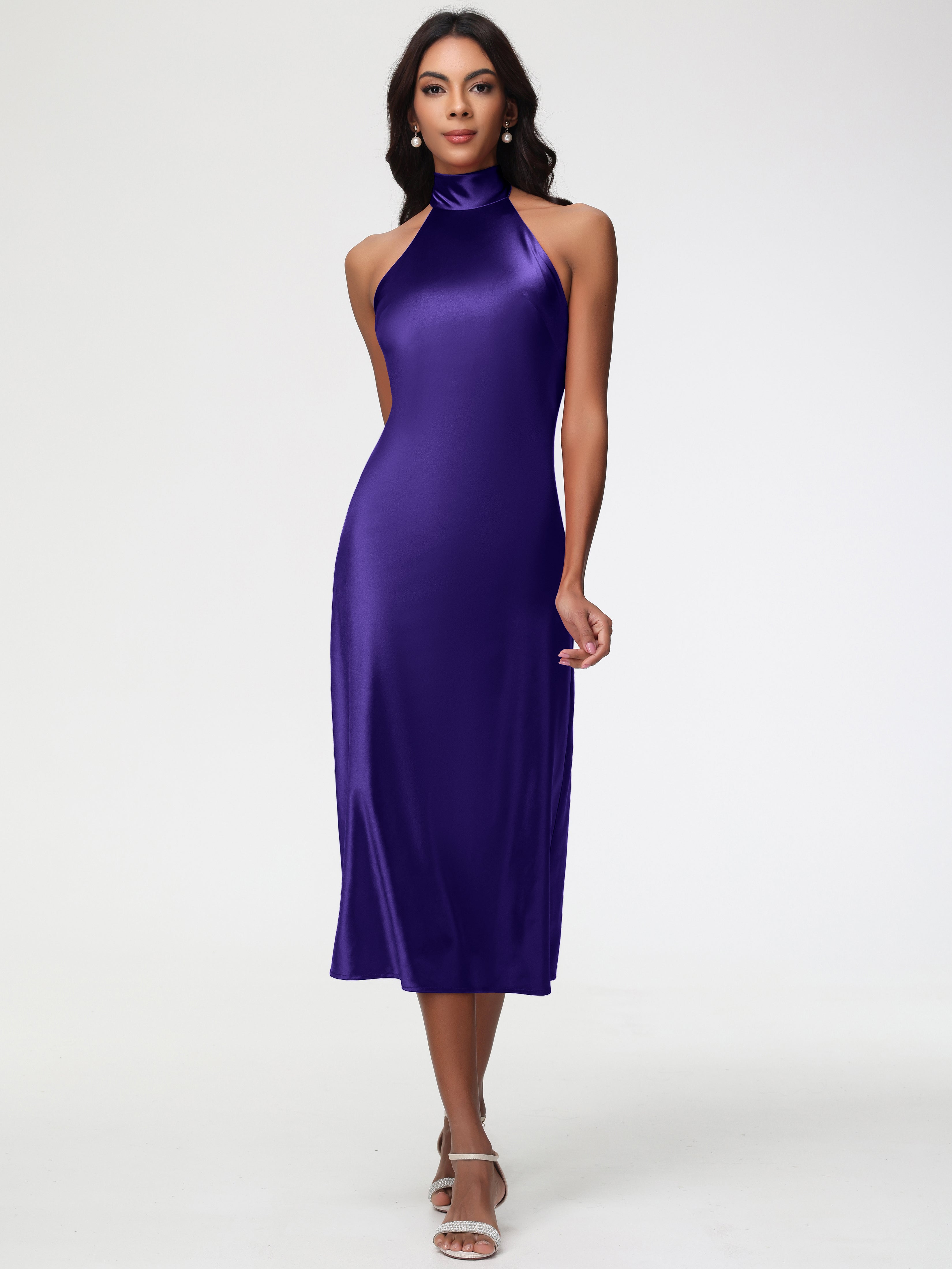 Robes De Demoiselle D'Honneur En Régence Licou Satin Extensible Robe Trapèze Demoiselle D'Honneur Mi Longue