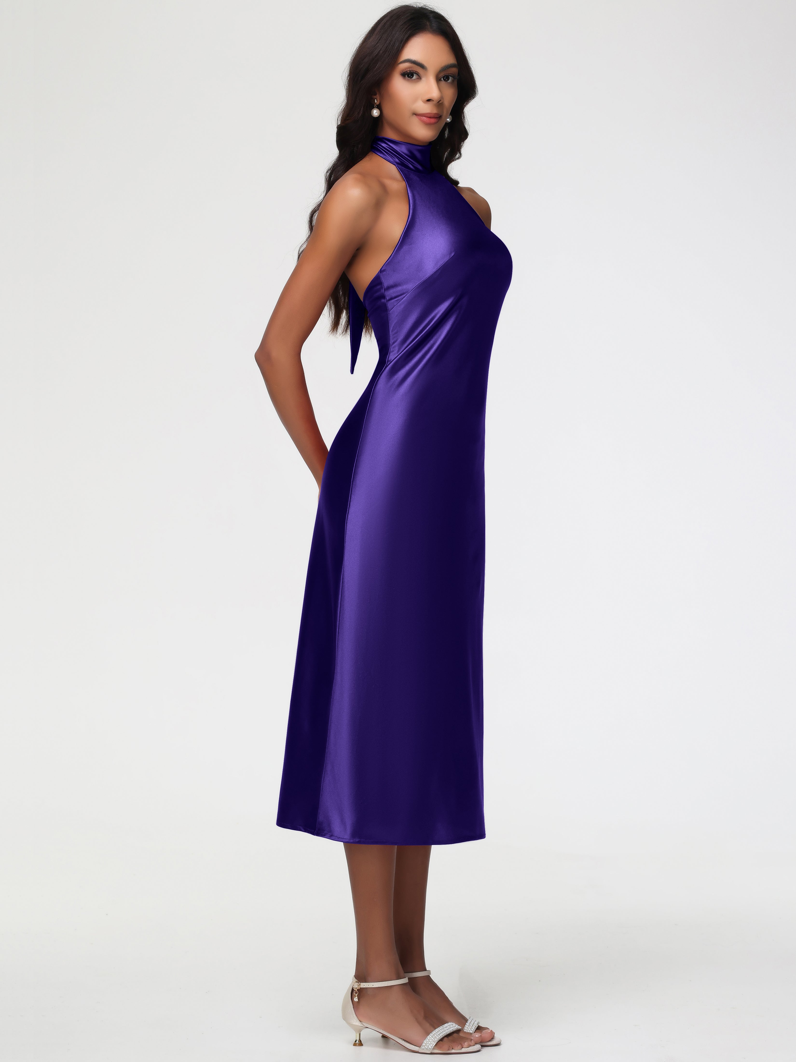 Robes De Demoiselle D'Honneur En Régence Licou Satin Extensible Robe Trapèze Demoiselle D'Honneur Mi Longue