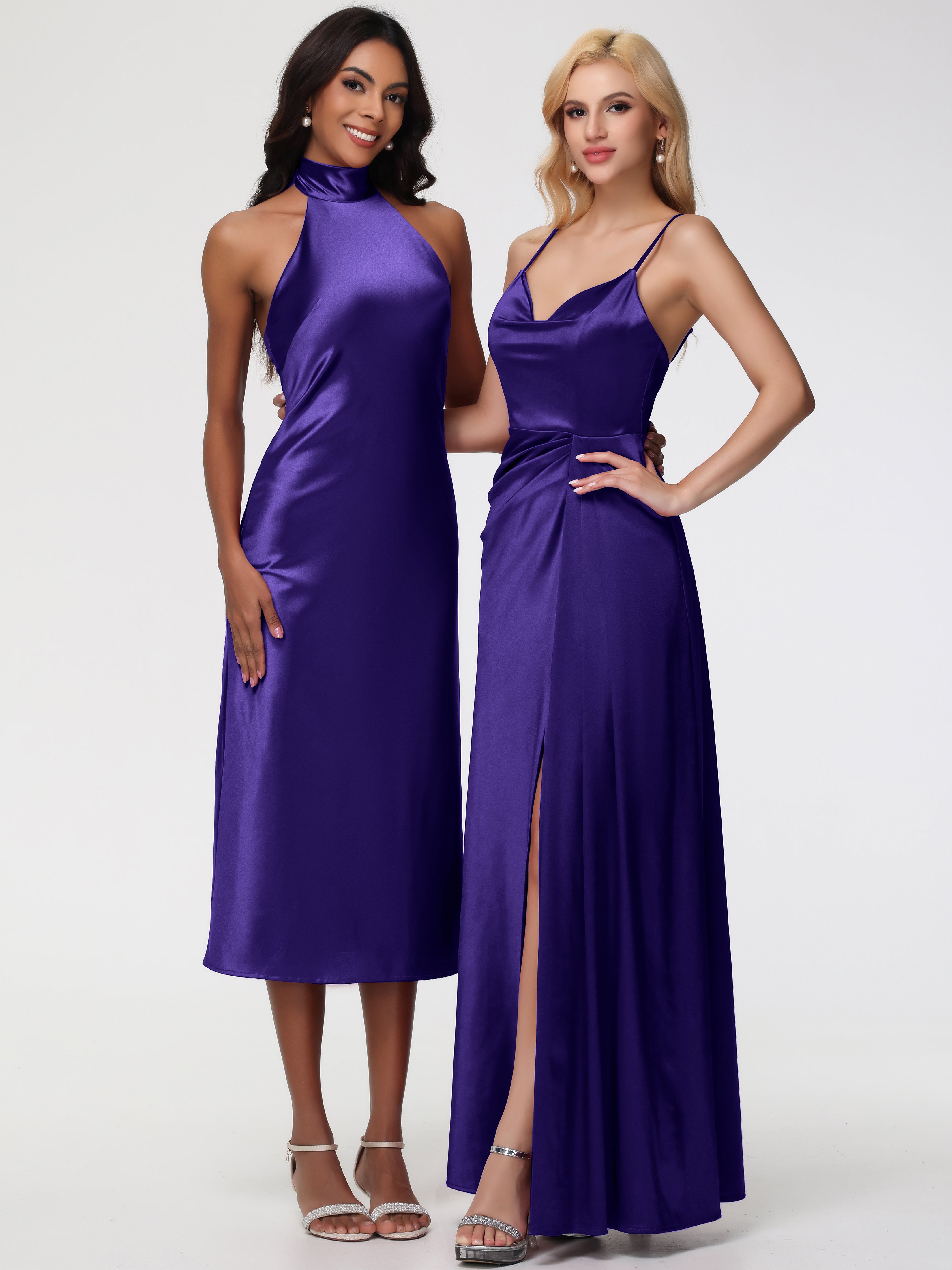 Robes De Demoiselle D'Honneur En Régence Licou Satin Extensible Robe Trapèze Demoiselle D'Honneur Mi Longue