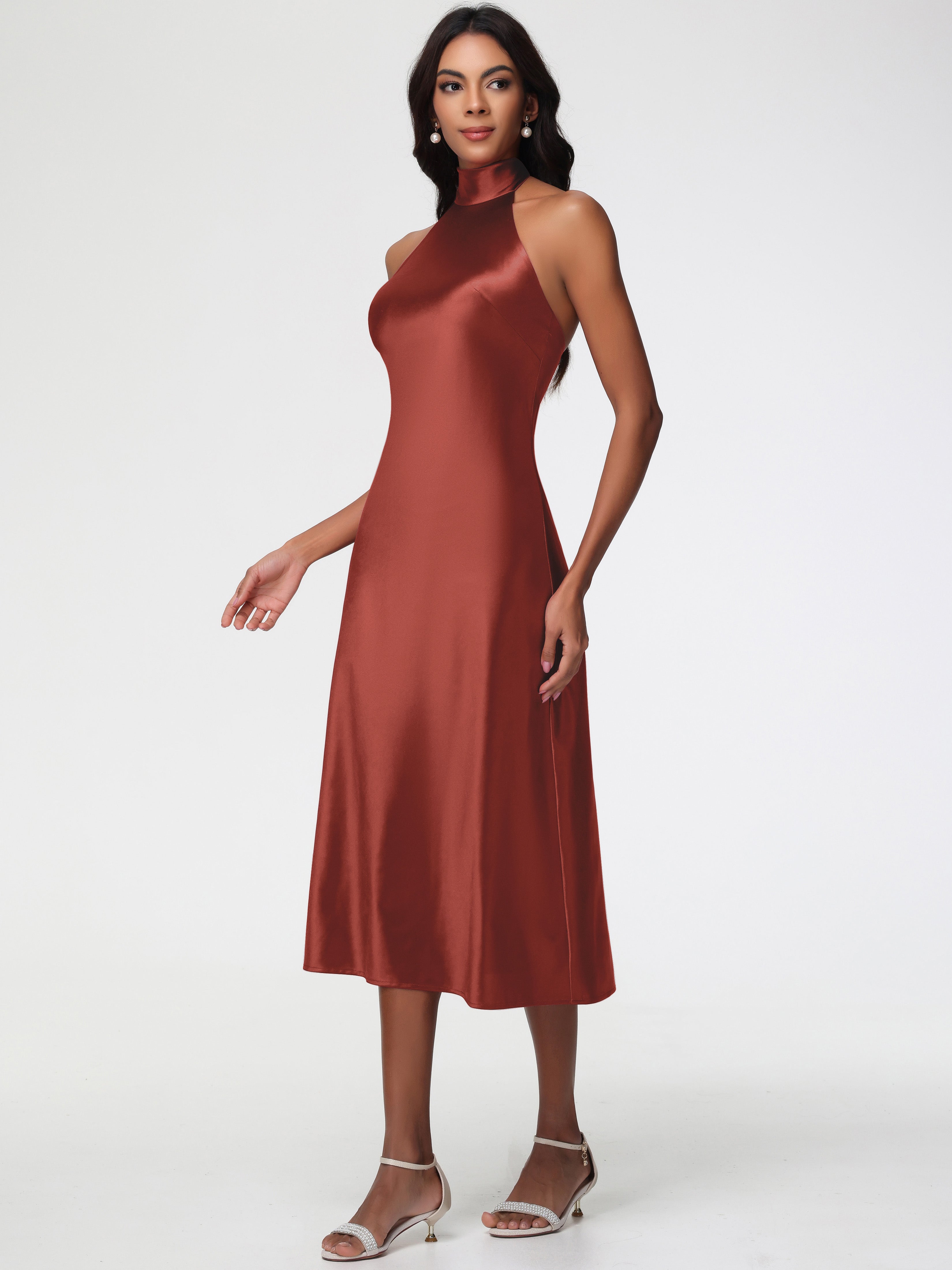 Robe Demoiselle D Honneur Rouille Licou Satin Extensible Robe Trapèze Demoiselle D'Honneur Mi Longue