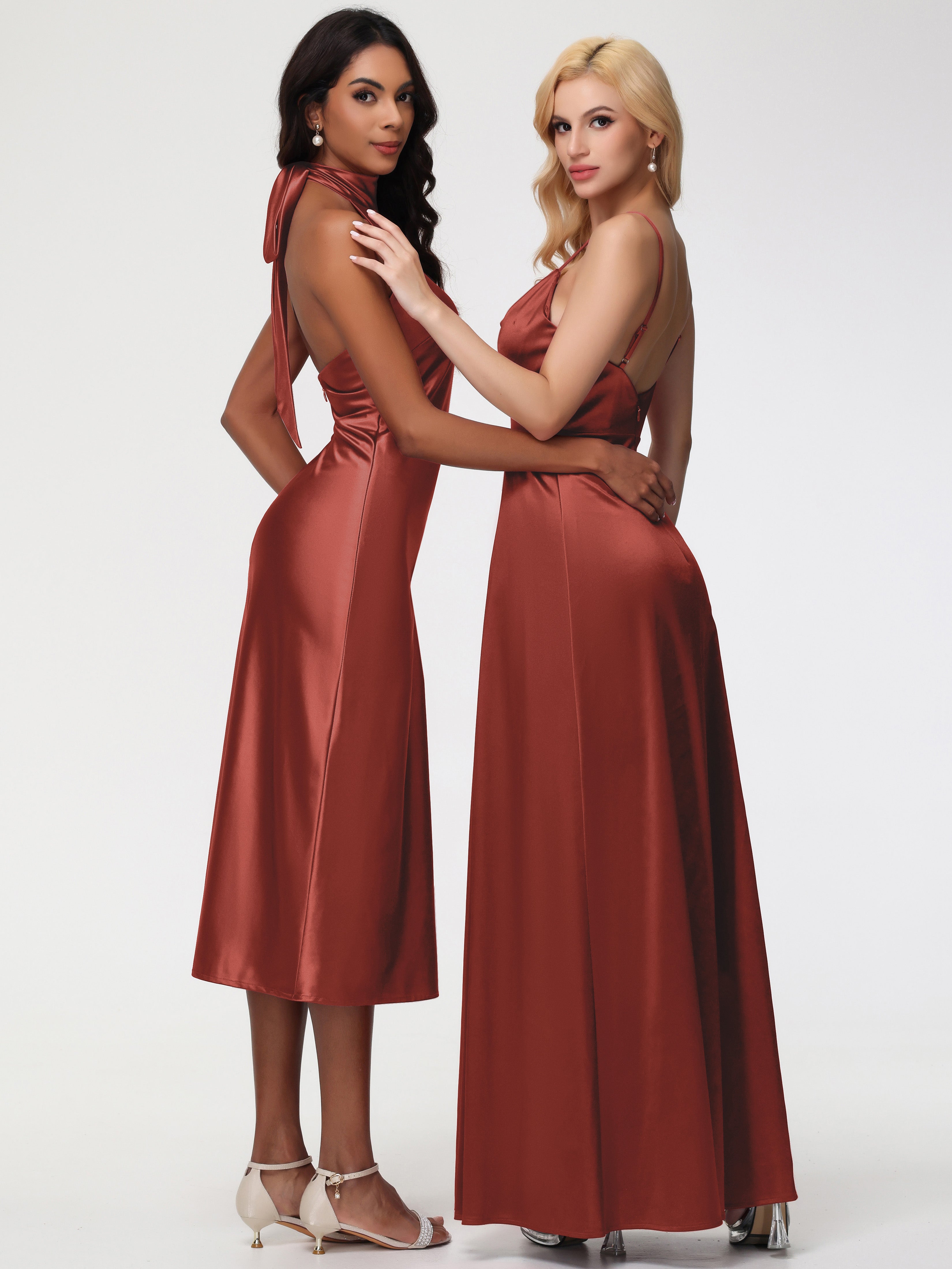 Robe Demoiselle D Honneur Rouille Licou Satin Extensible Robe Trapèze Demoiselle D'Honneur Mi Longue