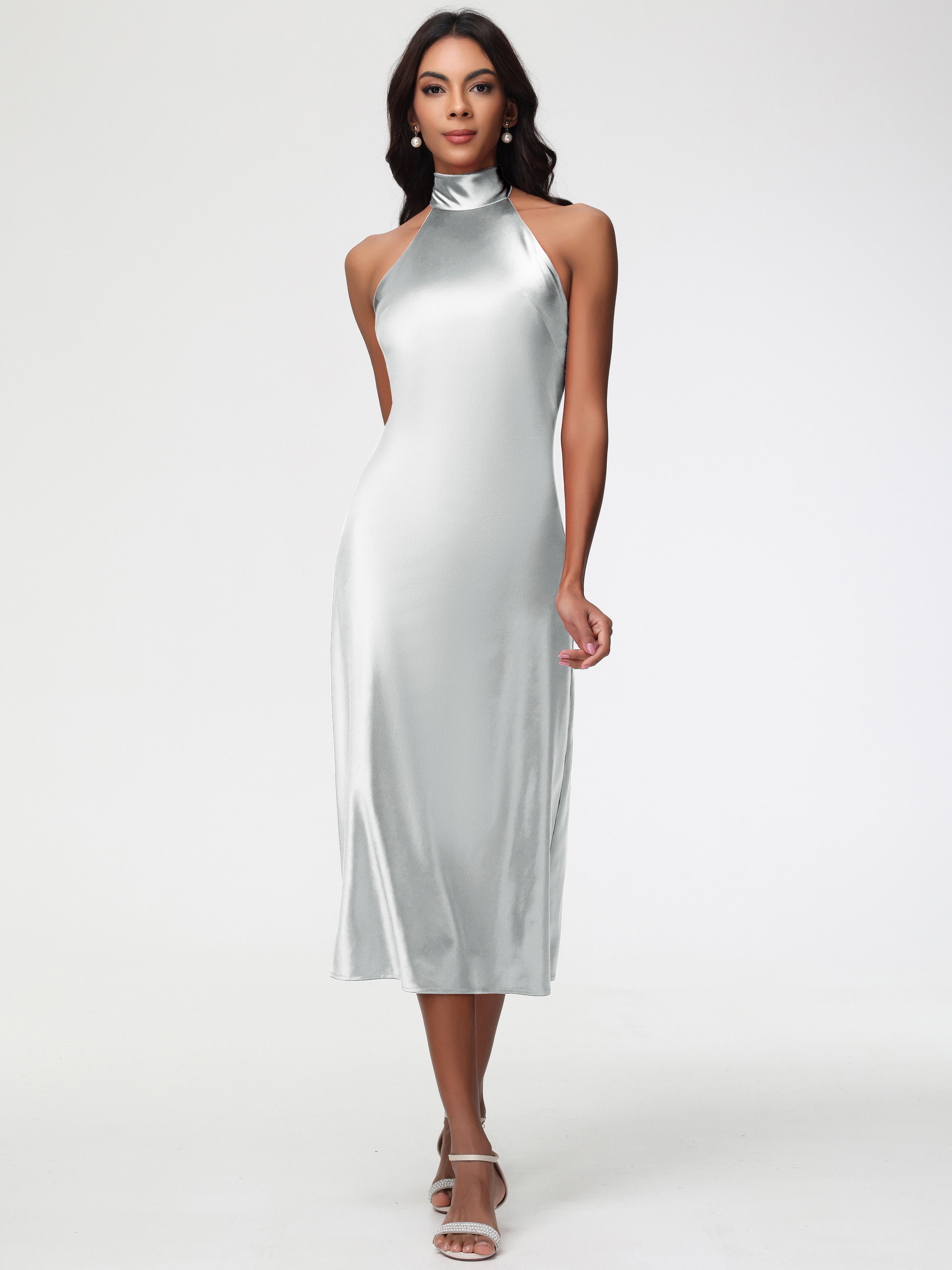 Robe Demoiselle D Honneur Argent Licou Satin Extensible Robe Trapèze Demoiselle D'Honneur Mi Longue