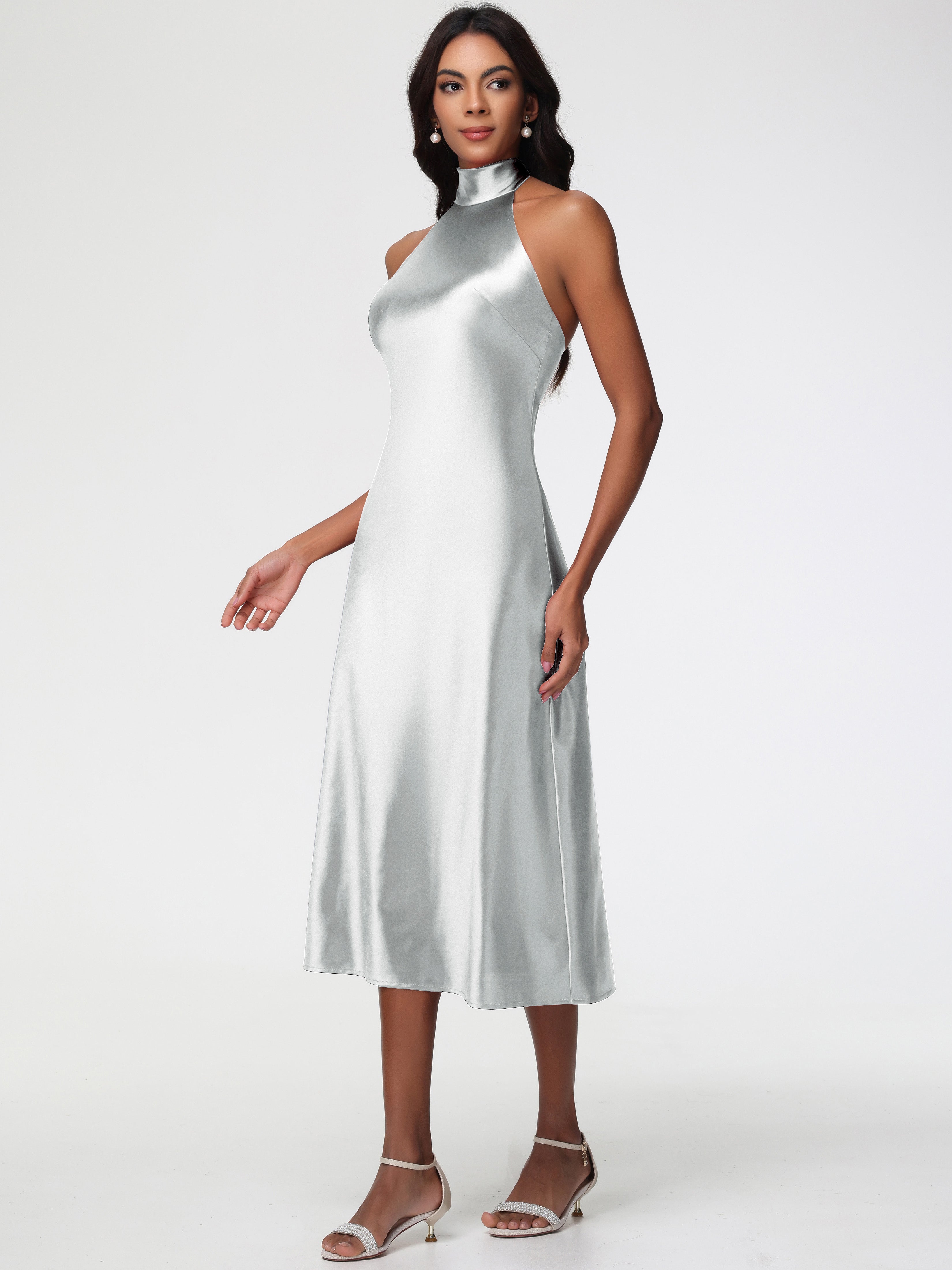 Robe Demoiselle D Honneur Argent Licou Satin Extensible Robe Trapèze Demoiselle D'Honneur Mi Longue