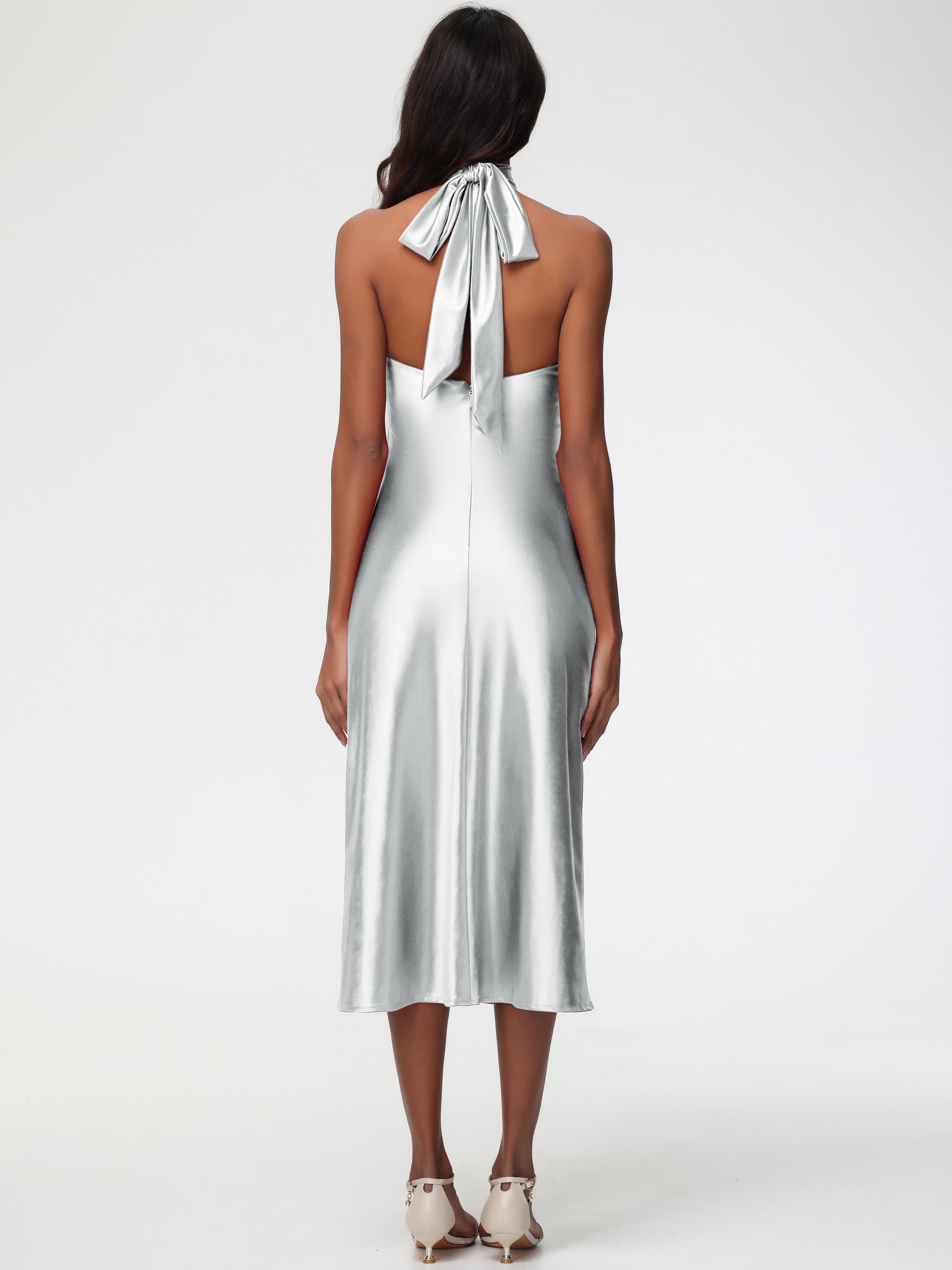 Robe Demoiselle D Honneur Argent Licou Satin Extensible Robe Trapèze Demoiselle D'Honneur Mi Longue