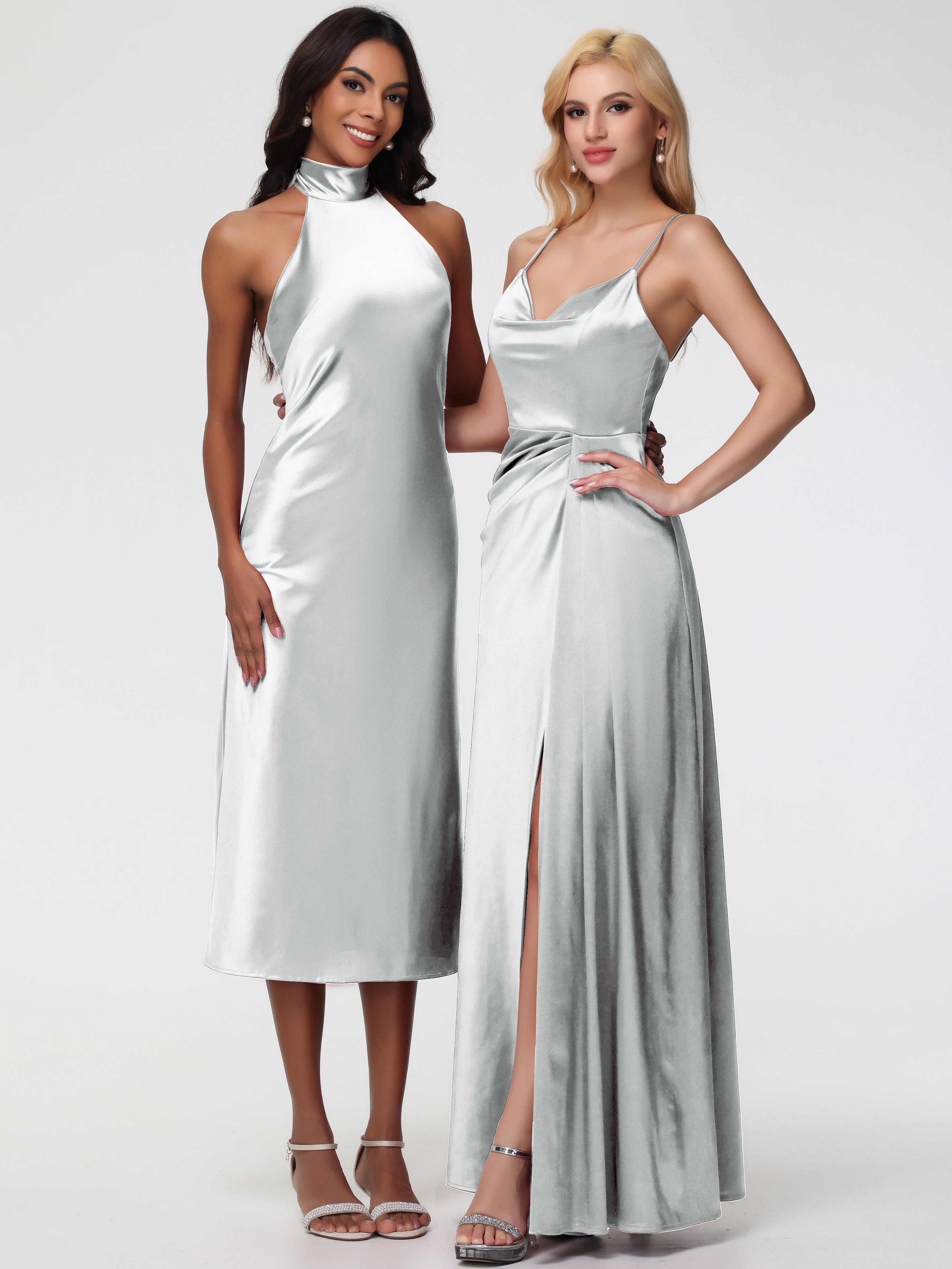 Robe Demoiselle D Honneur Argent Licou Satin Extensible Robe Trapèze Demoiselle D'Honneur Mi Longue