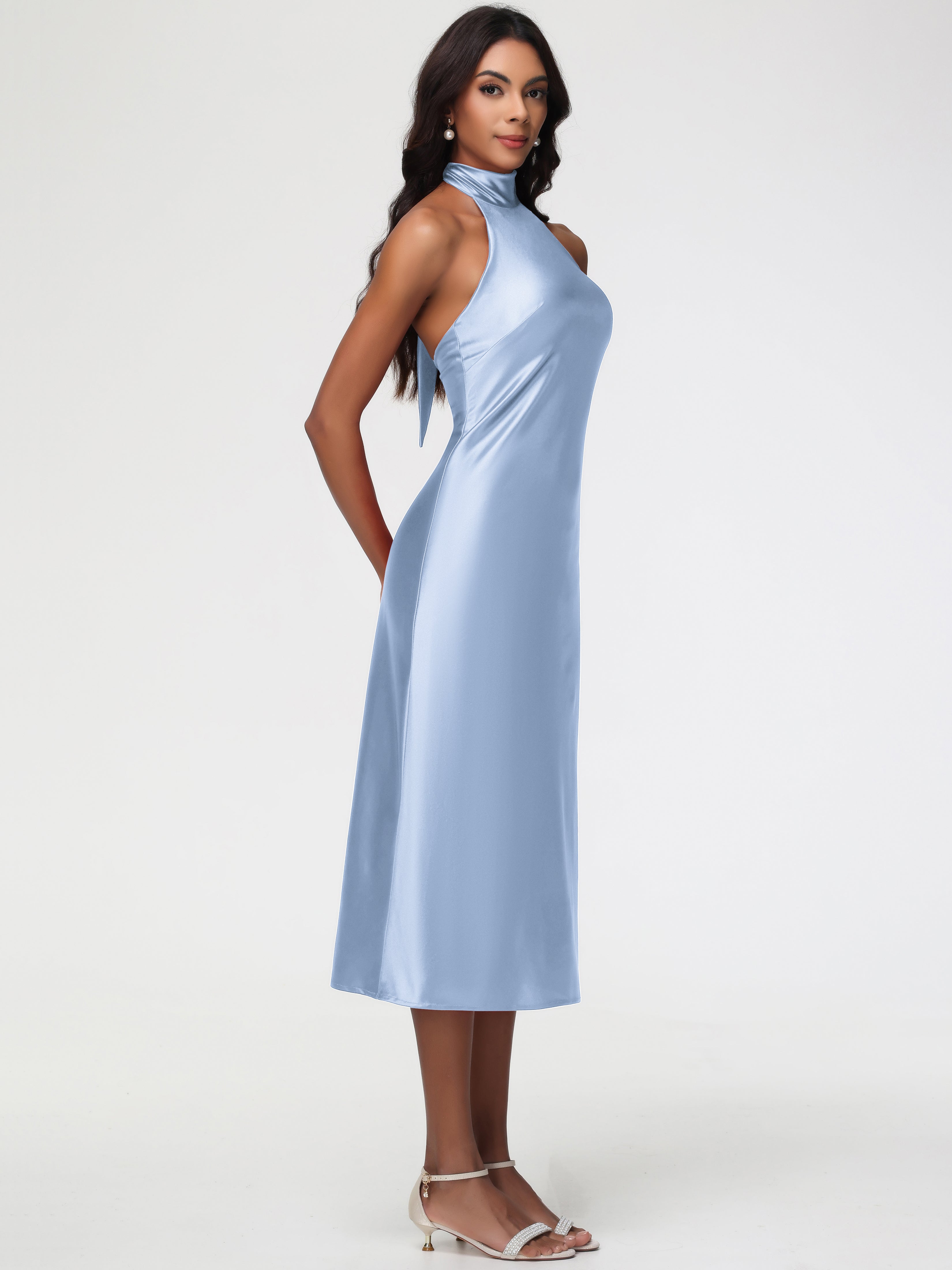 Robe Bleu Ciel Demoiselle D Honneur Licou Satin Extensible Robe Trapèze Demoiselle D'Honneur Mi Longue