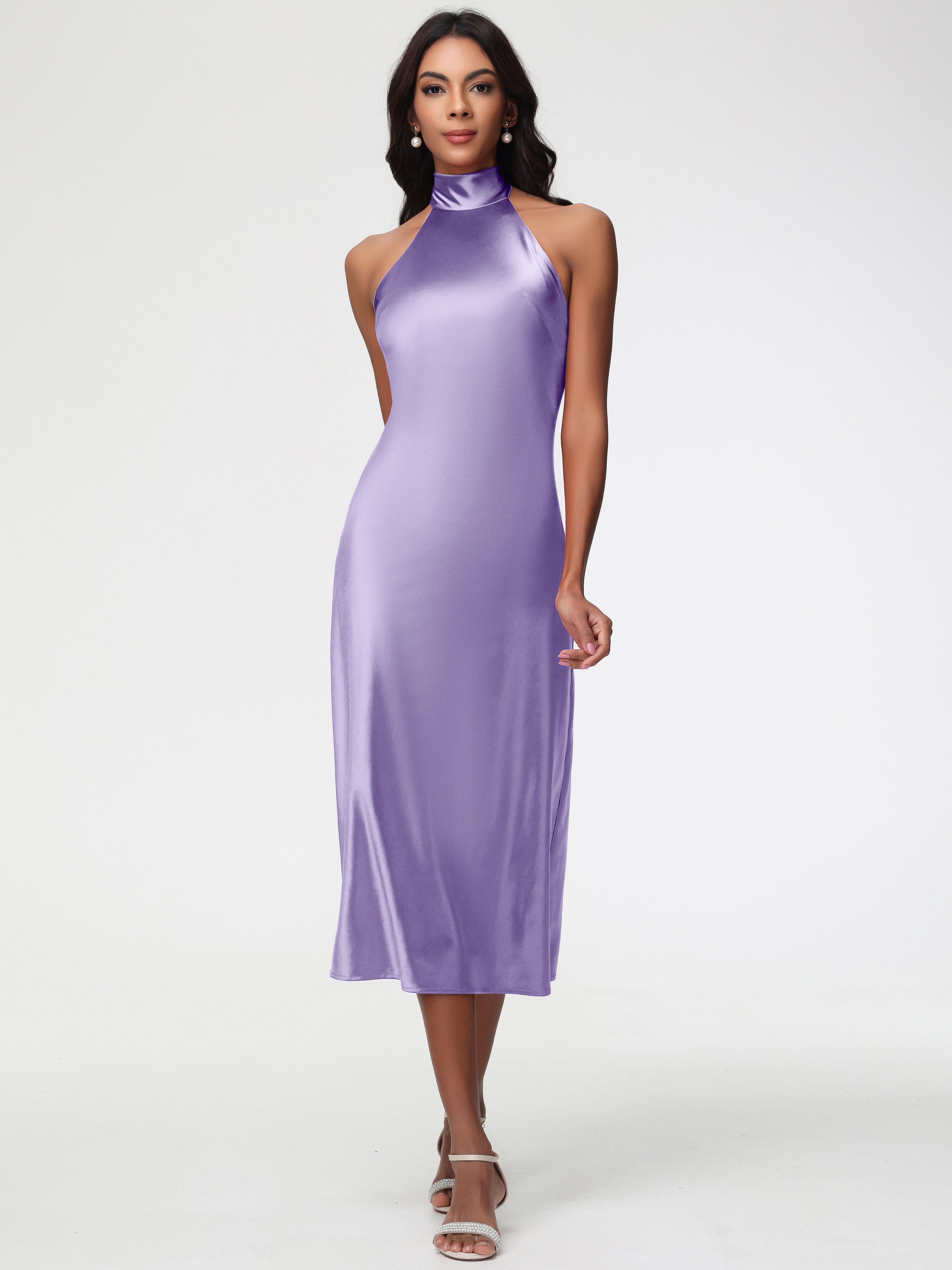 Robes De Demoiselle D'Honneur Tahiti Licou Satin Extensible Robe Trapèze Demoiselle D'Honneur Mi Longue