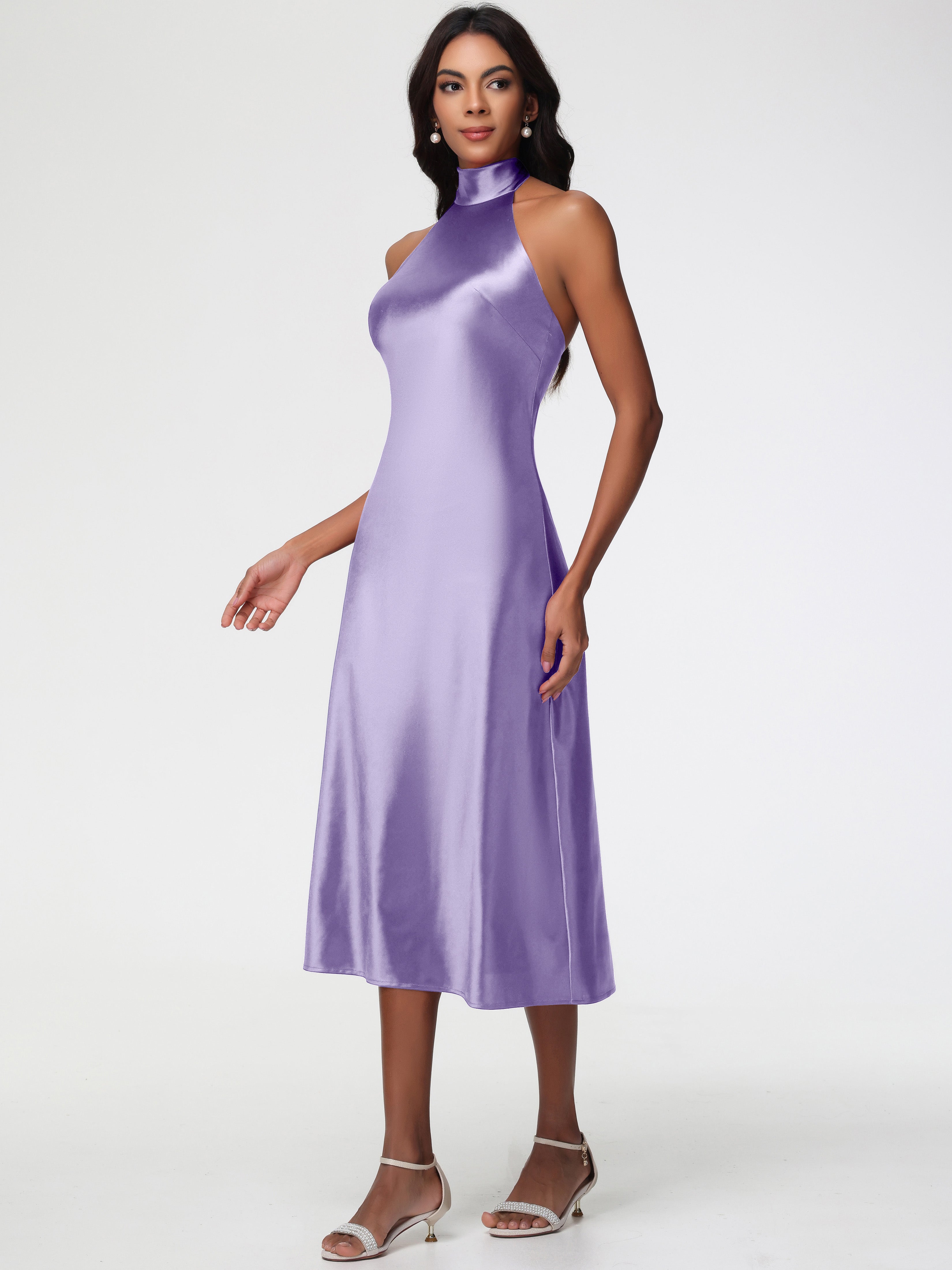 Robes De Demoiselle D'Honneur Tahiti Licou Satin Extensible Robe Trapèze Demoiselle D'Honneur Mi Longue