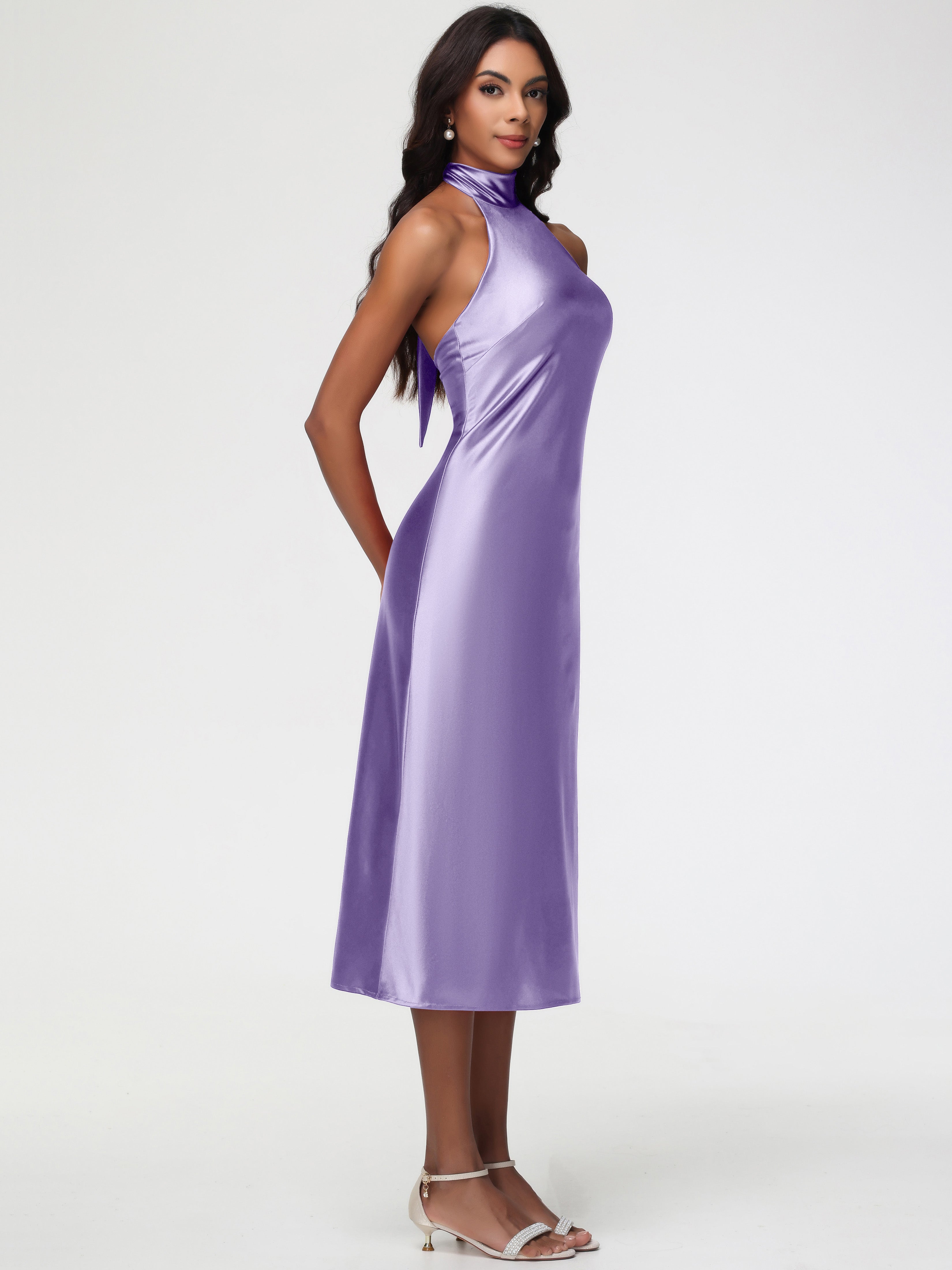 Robes De Demoiselle D'Honneur Tahiti Licou Satin Extensible Robe Trapèze Demoiselle D'Honneur Mi Longue