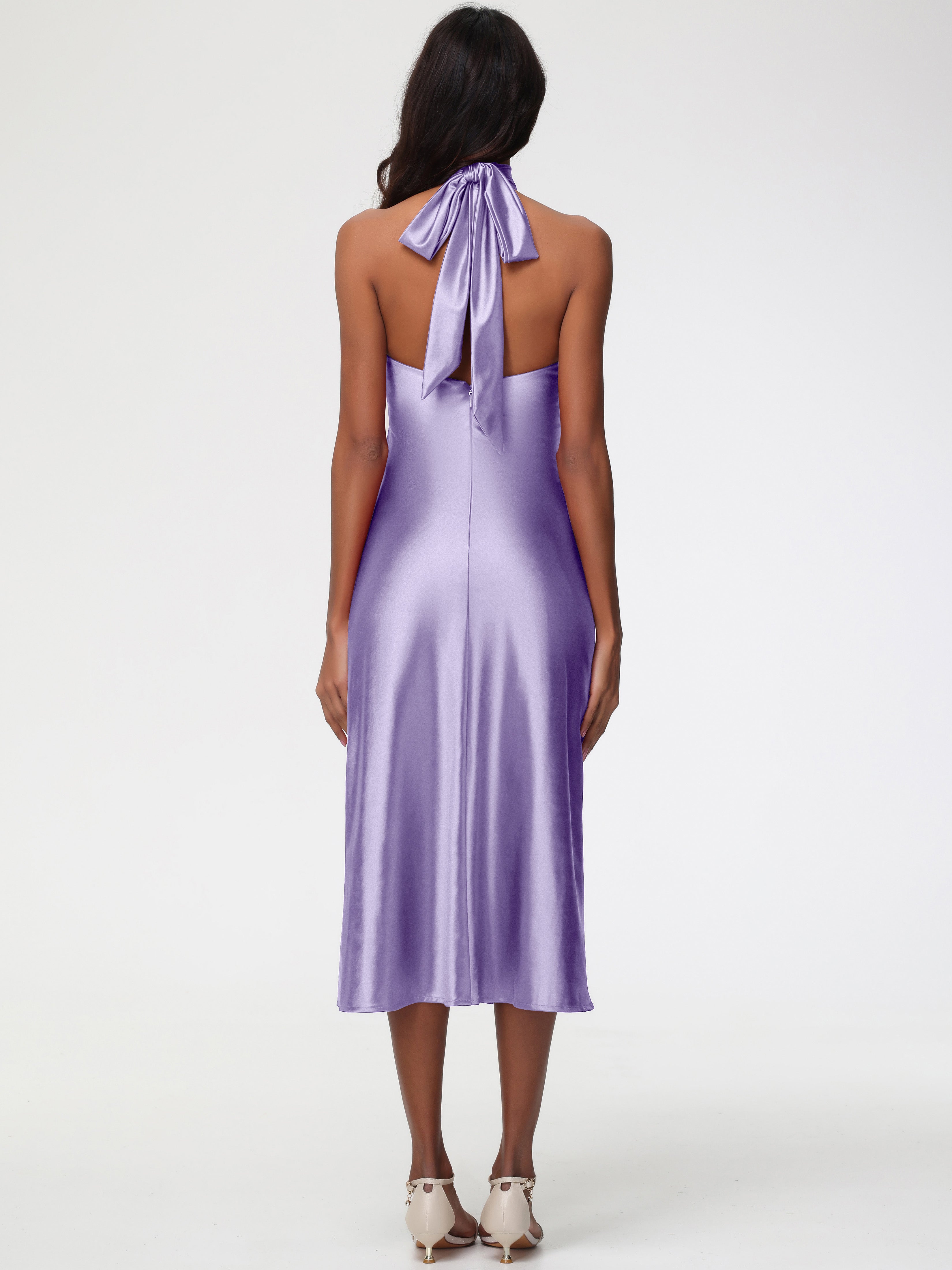 Robes De Demoiselle D'Honneur Tahiti Licou Satin Extensible Robe Trapèze Demoiselle D'Honneur Mi Longue