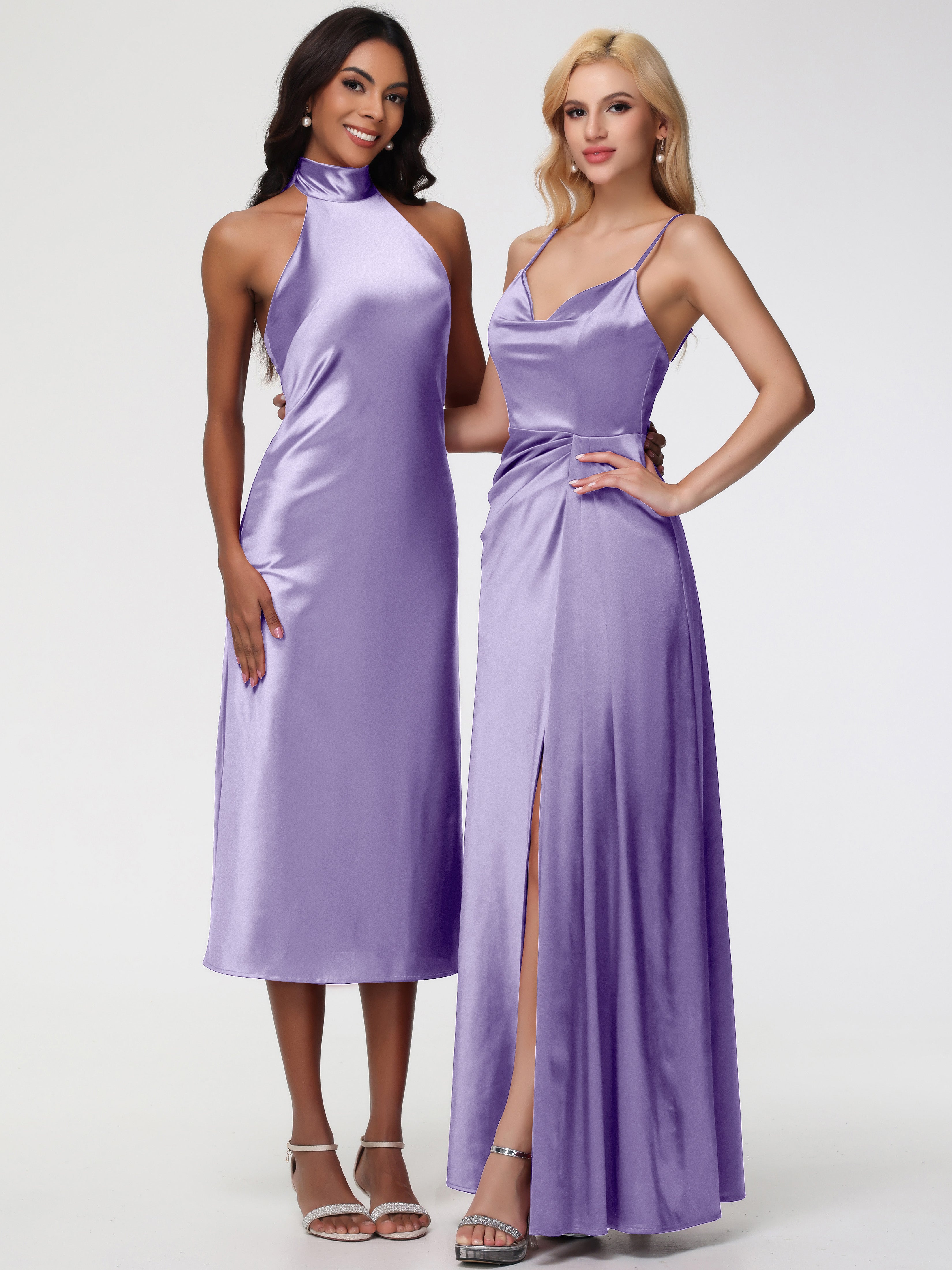 Robes De Demoiselle D'Honneur Tahiti Licou Satin Extensible Robe Trapèze Demoiselle D'Honneur Mi Longue