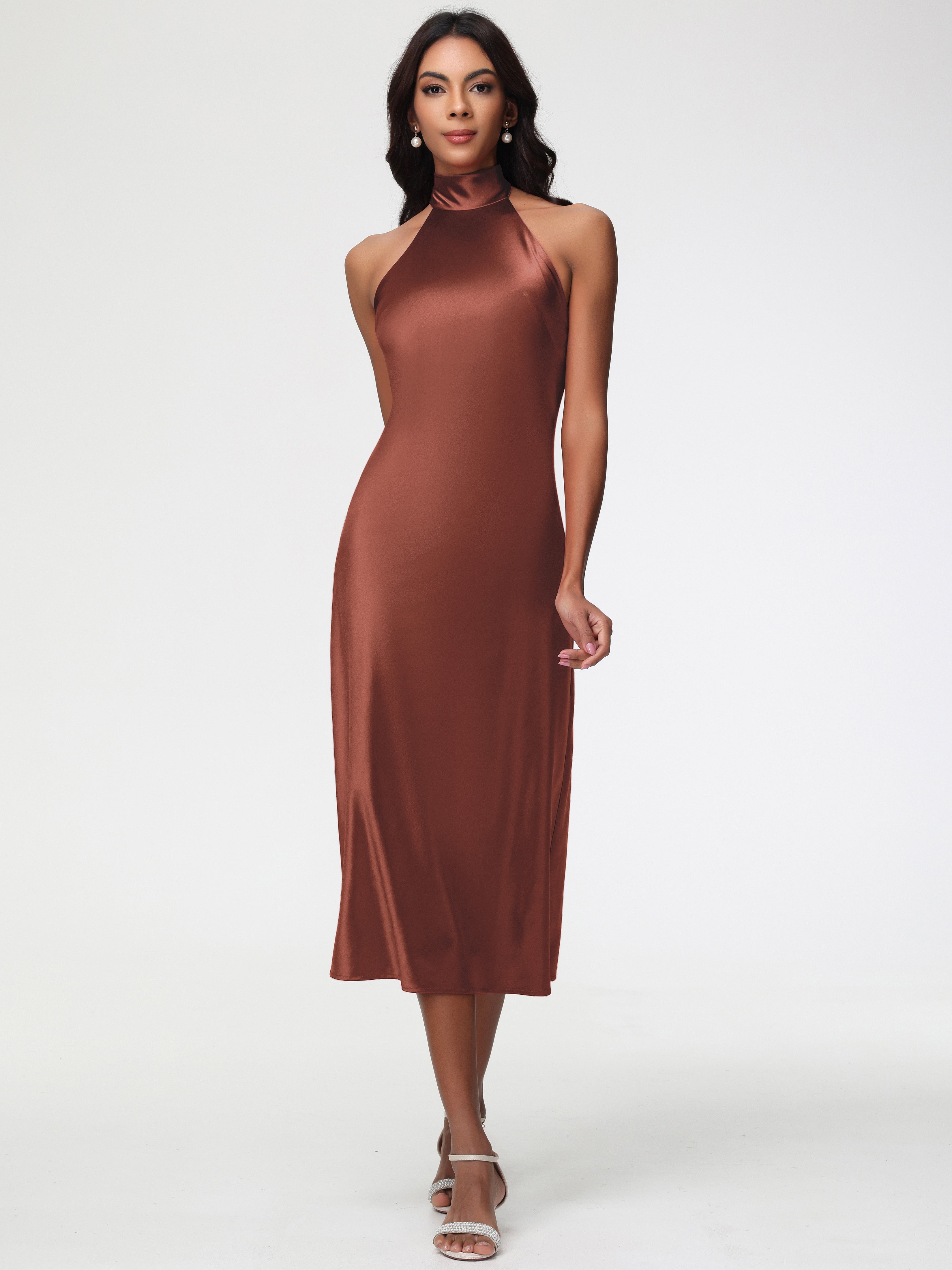 Robe Demoiselle D Honneur Terre Cuite Licou Satin Extensible Robe Trapèze Demoiselle D'Honneur Mi Longue