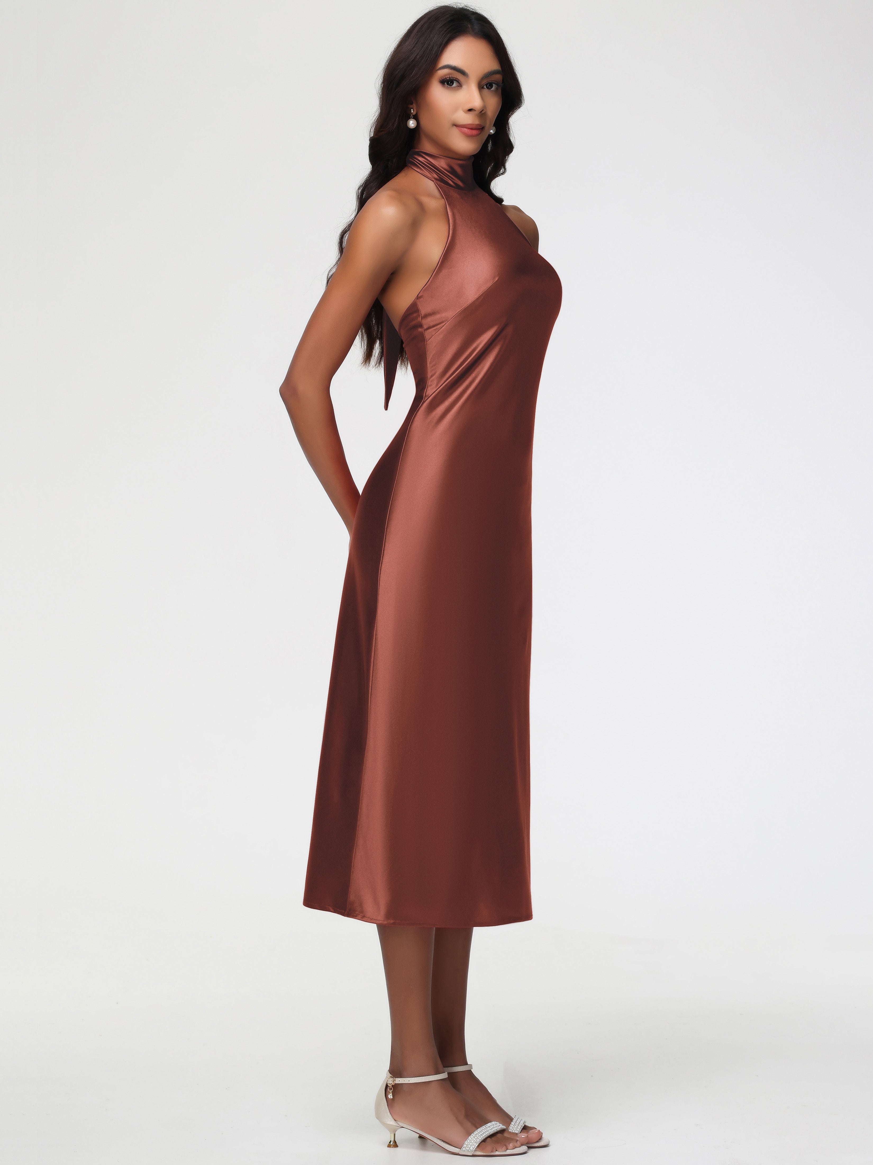 Robe Demoiselle D Honneur Terre Cuite Licou Satin Extensible Robe Trapèze Demoiselle D'Honneur Mi Longue