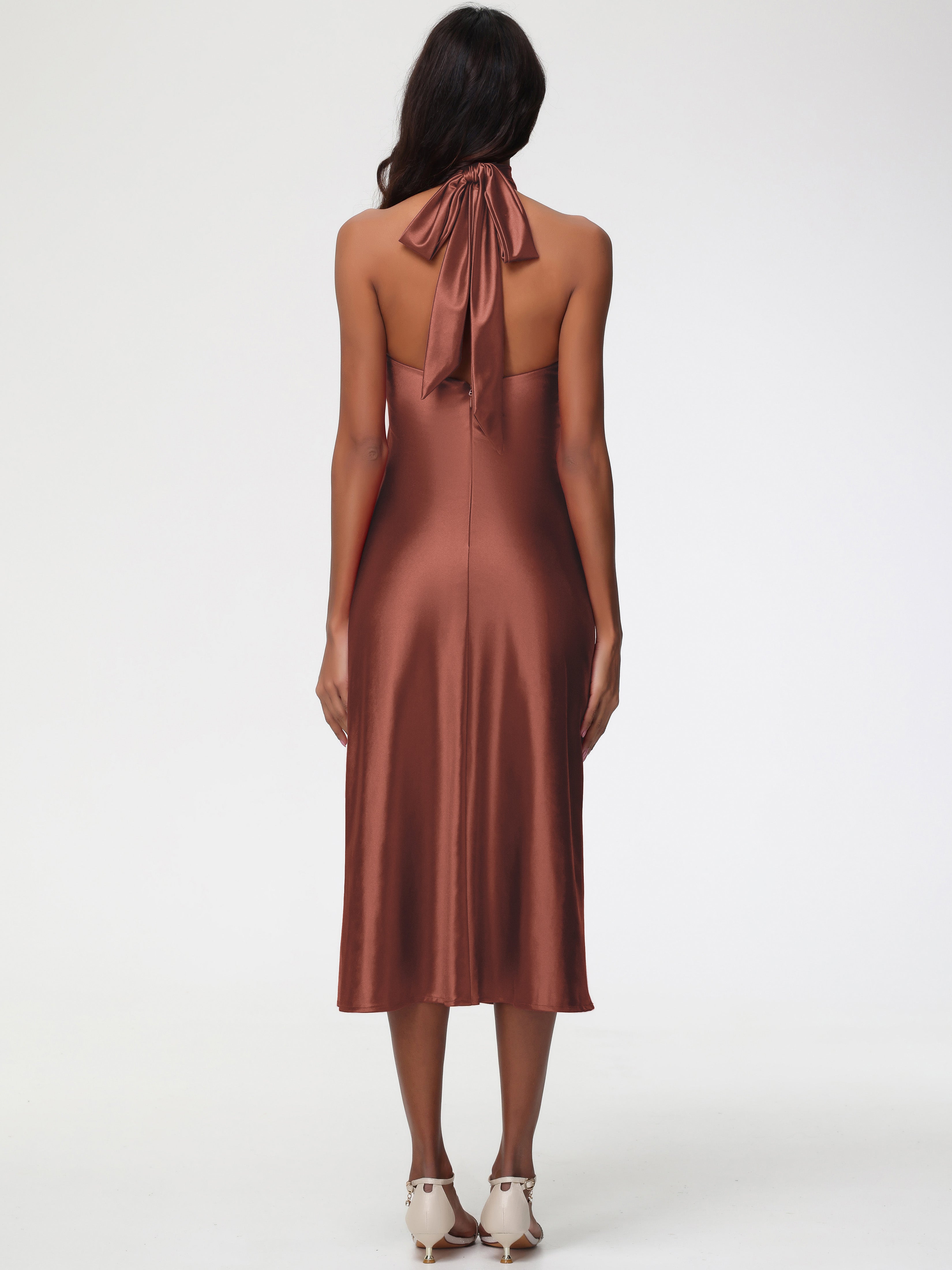 Robe Demoiselle D Honneur Terre Cuite Licou Satin Extensible Robe Trapèze Demoiselle D'Honneur Mi Longue