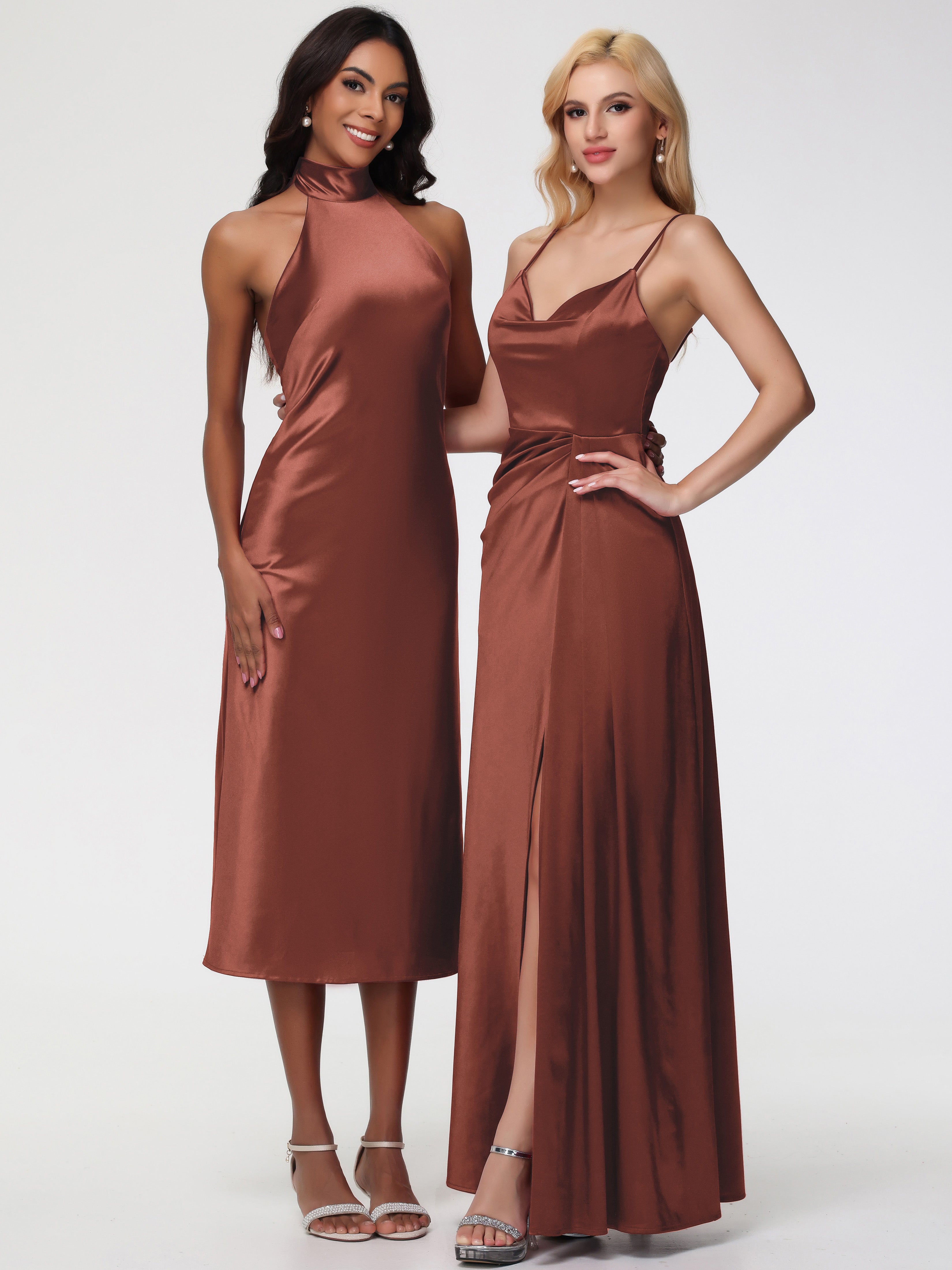 Robe Demoiselle D Honneur Terre Cuite Licou Satin Extensible Robe Trapèze Demoiselle D'Honneur Mi Longue