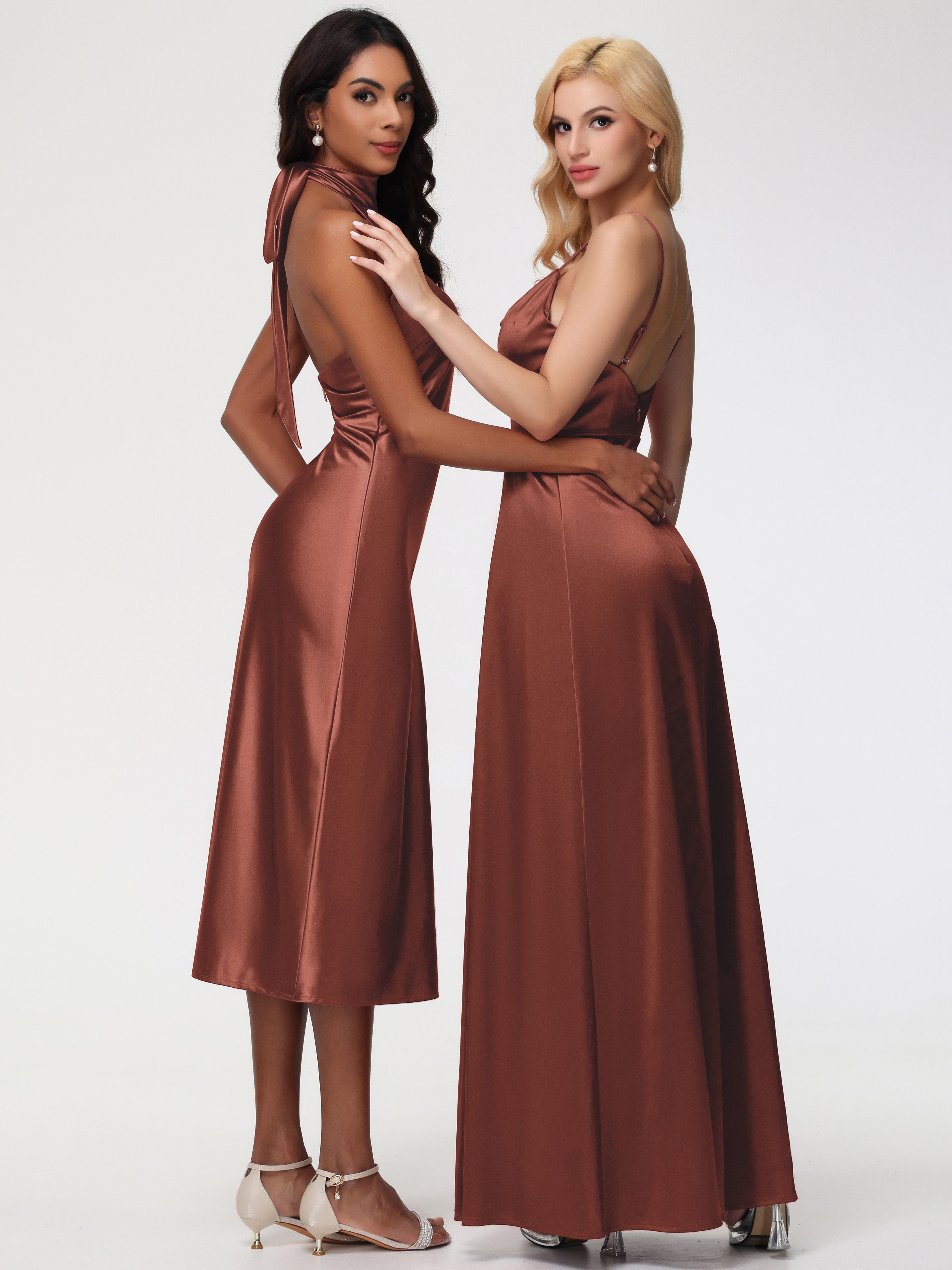 Robe Demoiselle D Honneur Terre Cuite Licou Satin Extensible Robe Trapèze Demoiselle D'Honneur Mi Longue