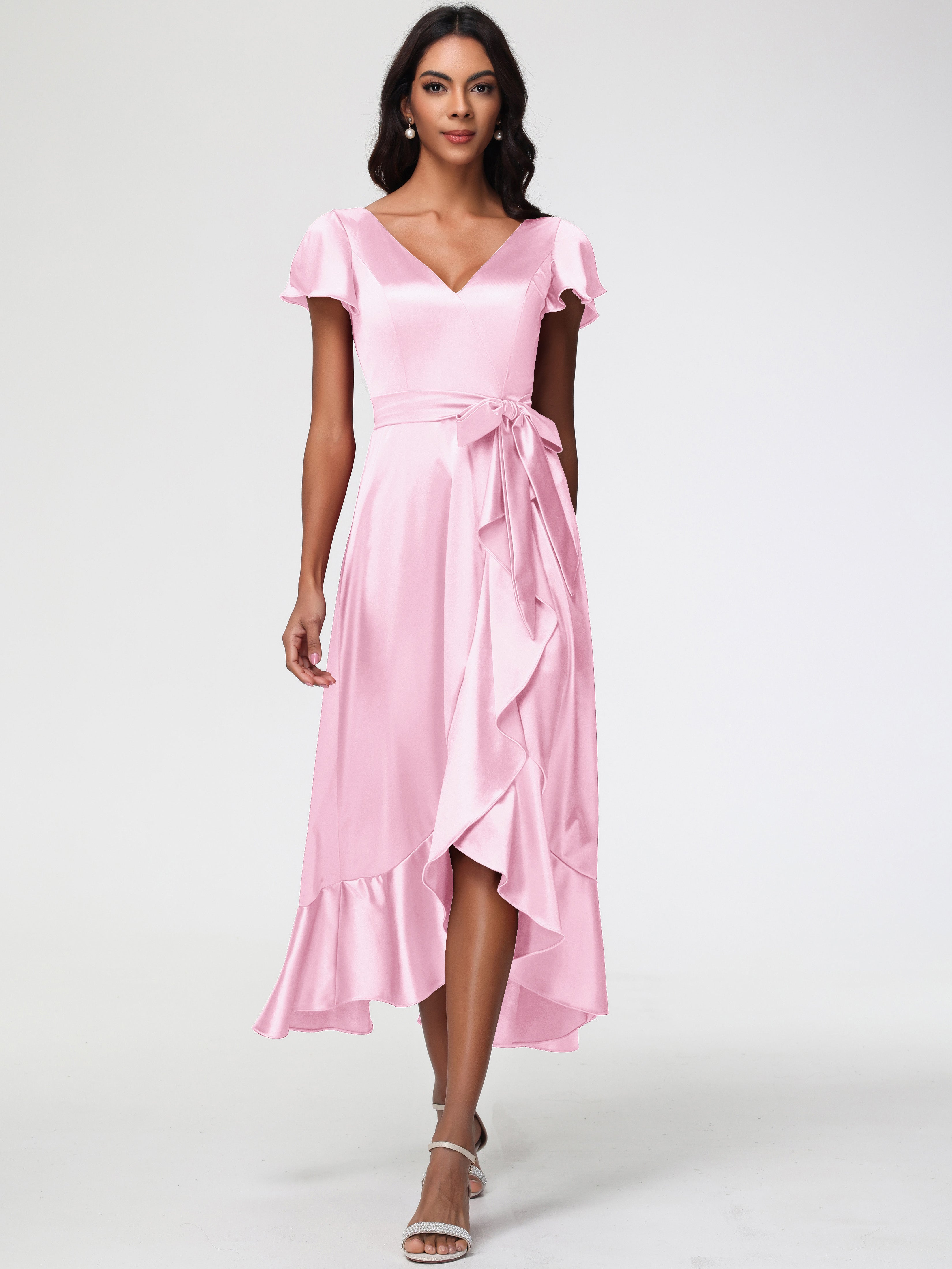 Robe Demoiselle Dhonneur Rose Pale Asymétrique Col V Trapèze Satin Extensible Mi-Longue Robe De Demoiselle D'Honneur