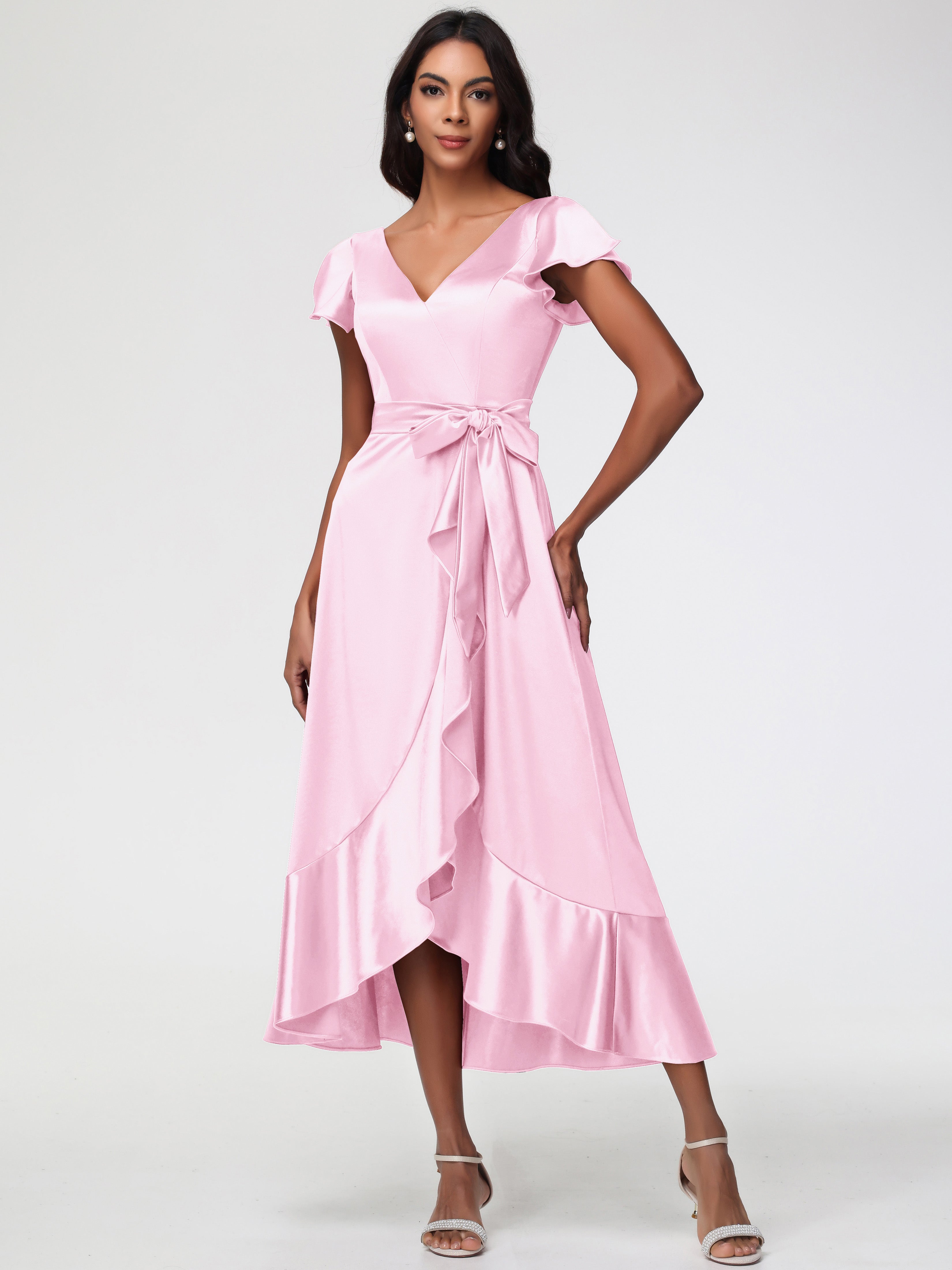 Robe Demoiselle Dhonneur Rose Pale Asymétrique Col V Trapèze Satin Extensible Mi-Longue Robe De Demoiselle D'Honneur