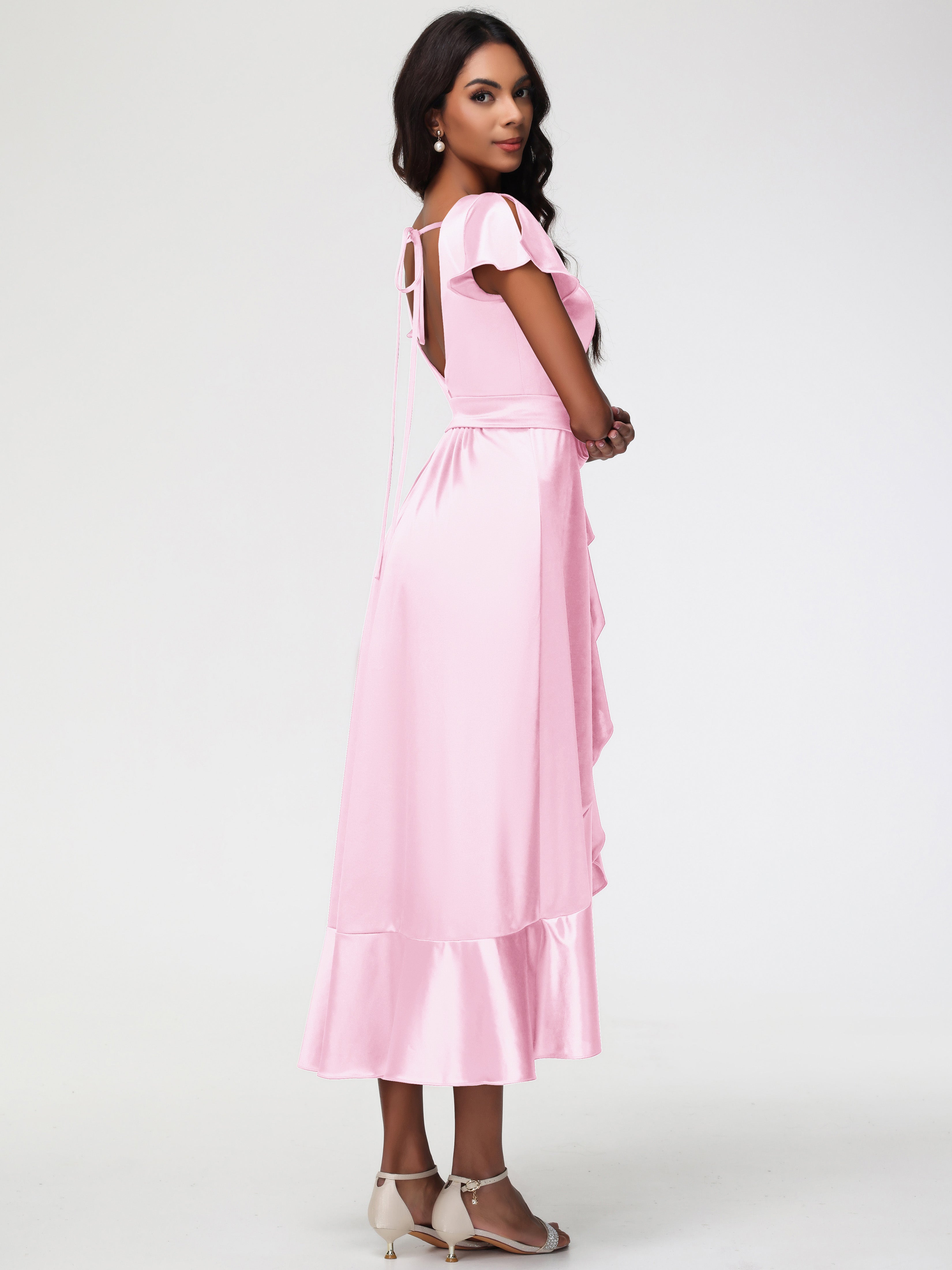 Robe Demoiselle Dhonneur Rose Pale Asymétrique Col V Trapèze Satin Extensible Mi-Longue Robe De Demoiselle D'Honneur